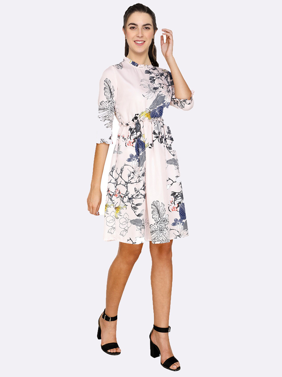 shashvi Women Pink & Blue Floral Fit and Flare Western Short Dress