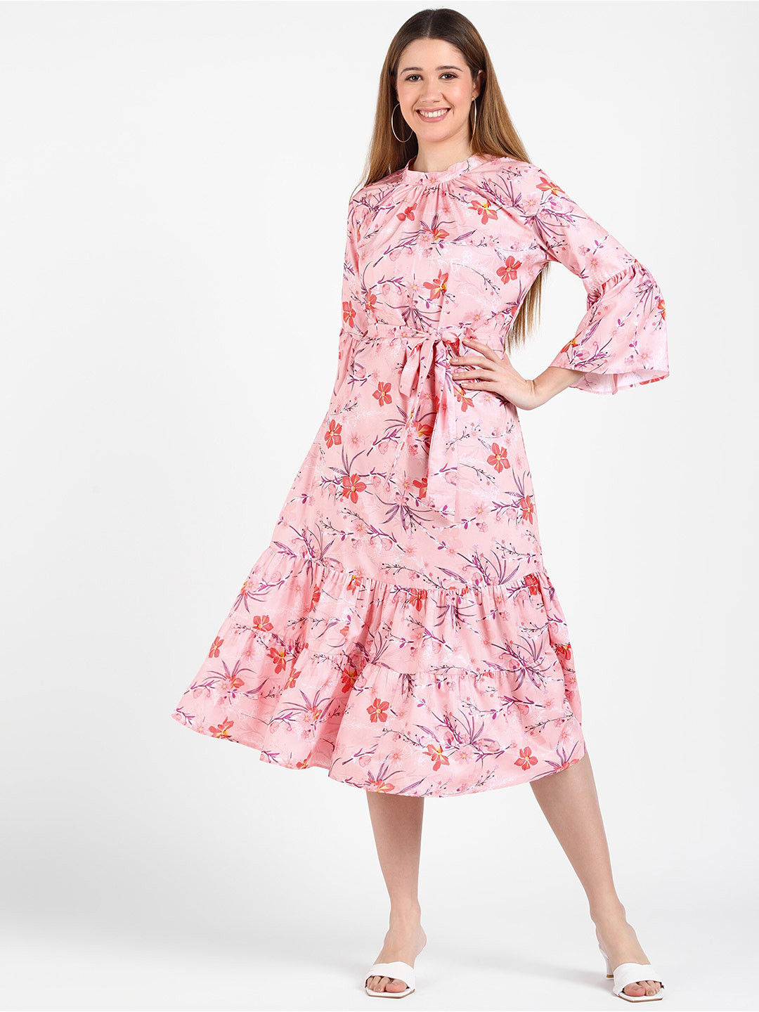 shashvi Women Pink& Purple Floral Crepe Fit and Flare Dress