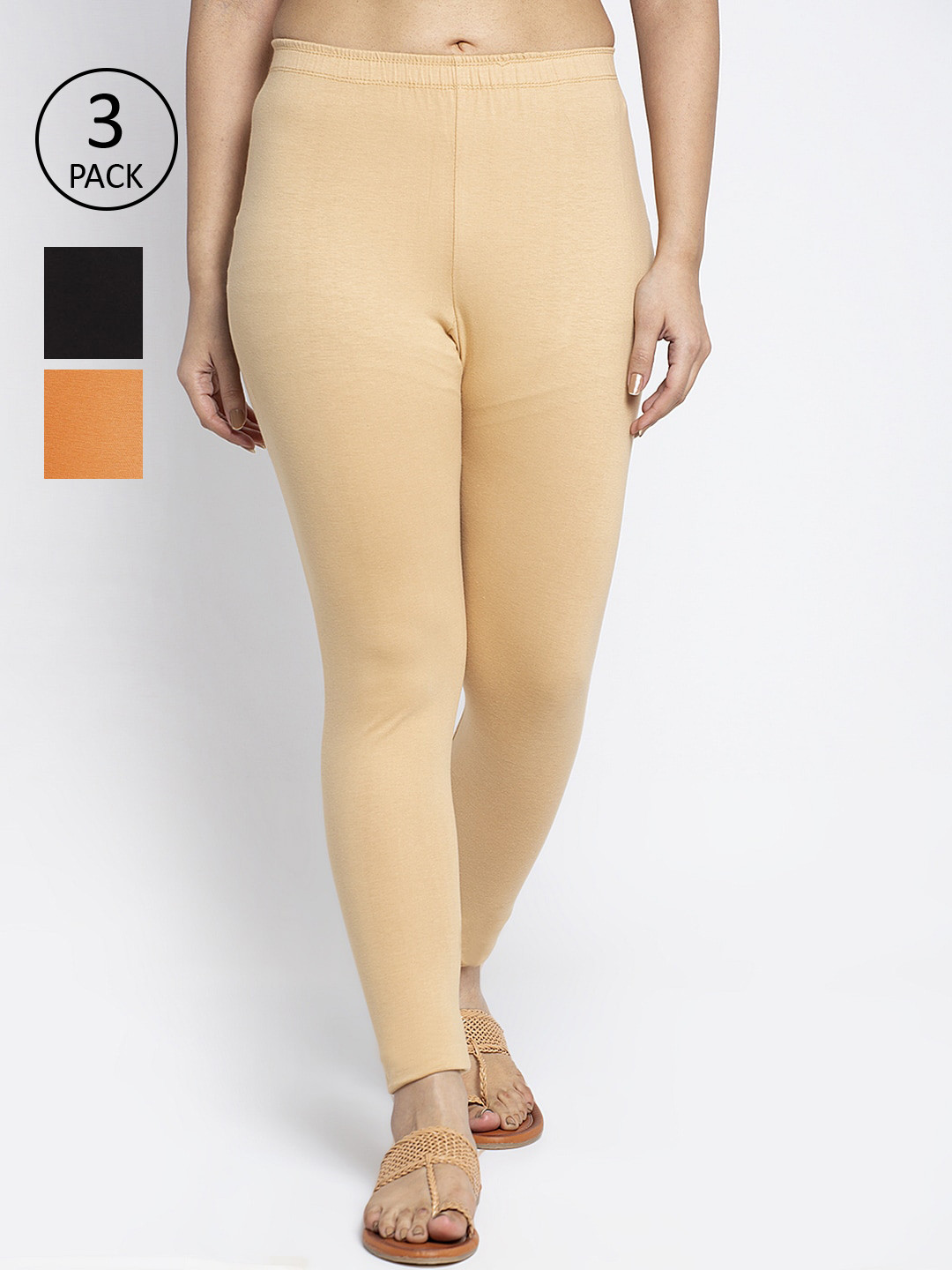GRACIT Women Pack Of 3 Solid Black, Skin, Orange Ankle-Length Leggings