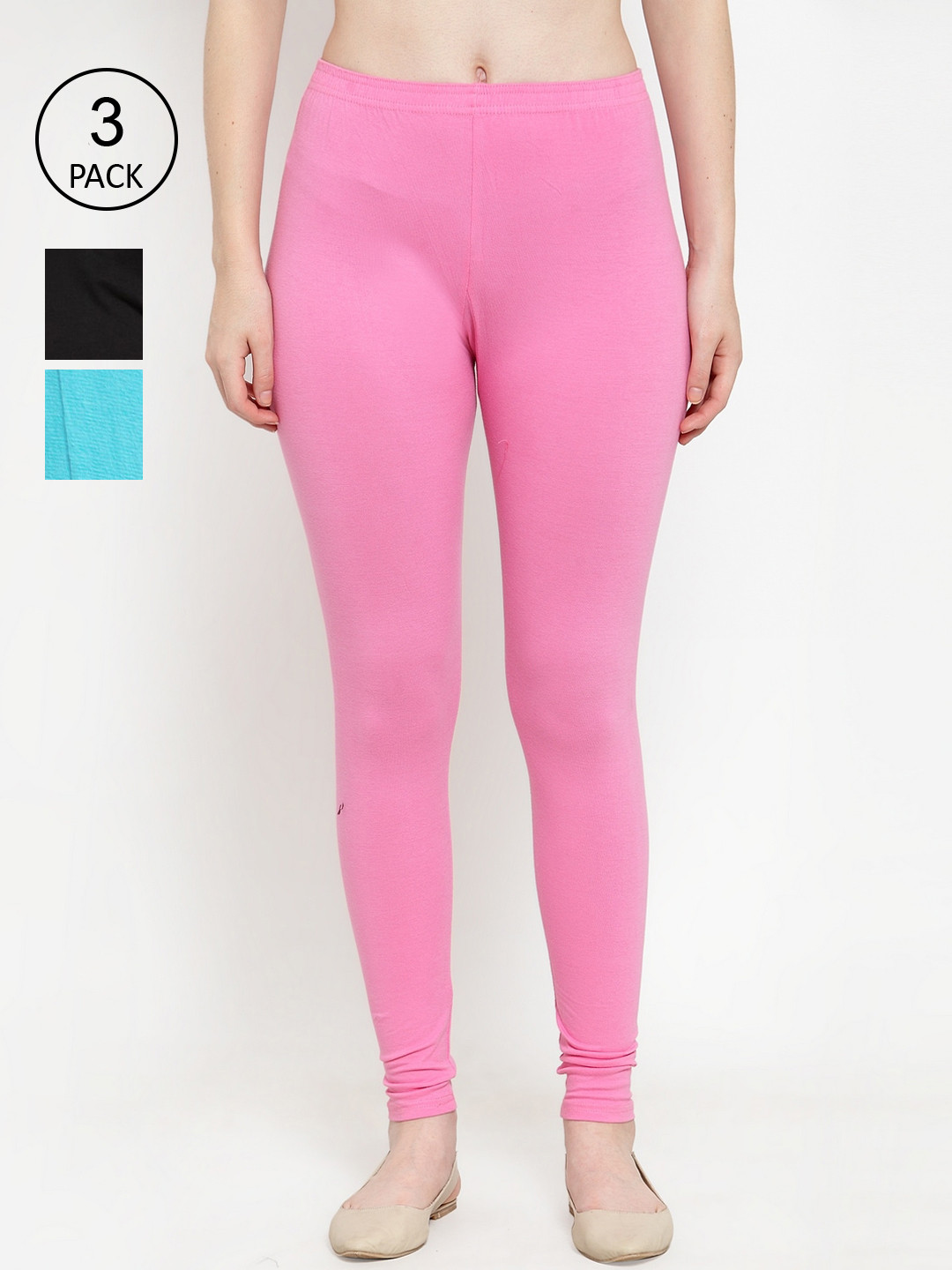 GRACIT Women Black, Pink & Aqua Pack of 3 Solid Ankle-Length Leggings