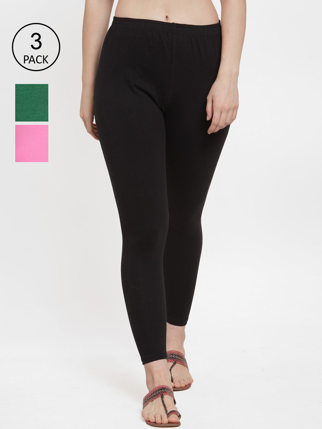 GRACIT Women Black Pink Pack Of 3 Solid Ankle-Length Super Combed Cotton Leggings