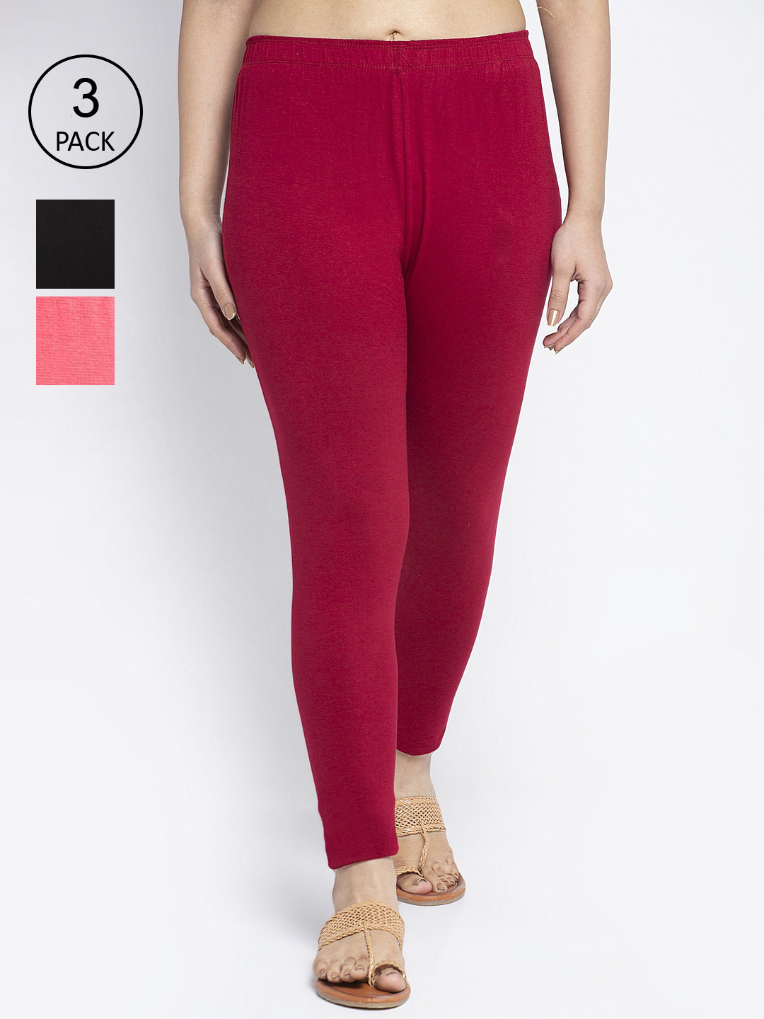 GRACIT Women Maroon Black  Pack Of 3 Solid Ankle-Length Super Combed Cotton Leggings