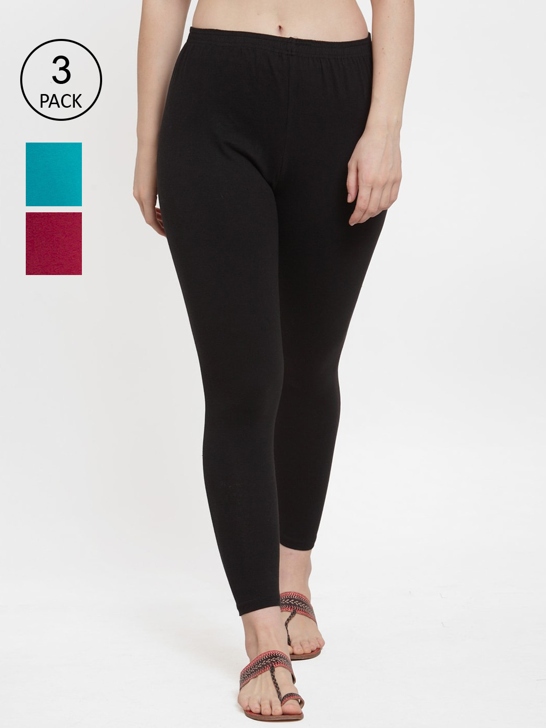 GRACIT Women Maroon Black Pack Of 3 Solid Ankle-Length Super Combed Cotton Leggings