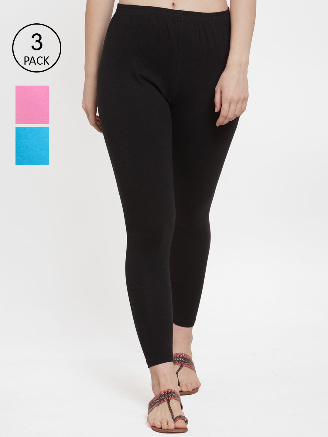GRACIT Women Black and Blue and Pink Pack Of 3 Solid Ankle-Length Leggings