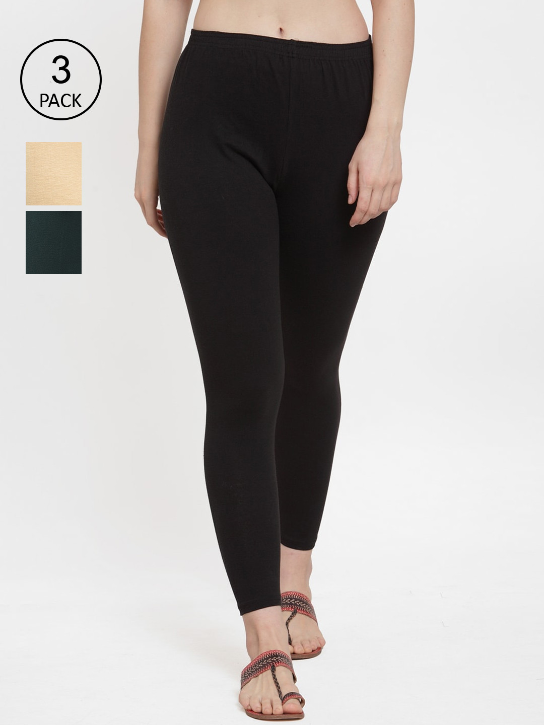 GRACIT Women Black and Green and Cream Pack Of 3 Solid Ankle-Length Leggings