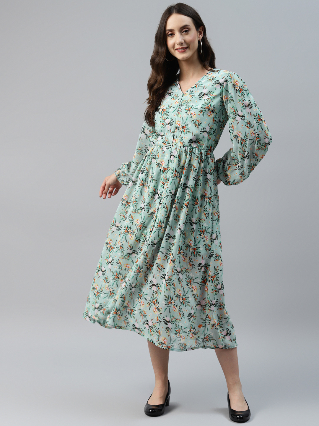 plusS Sea Green Floral Print A-Line Midi Dress