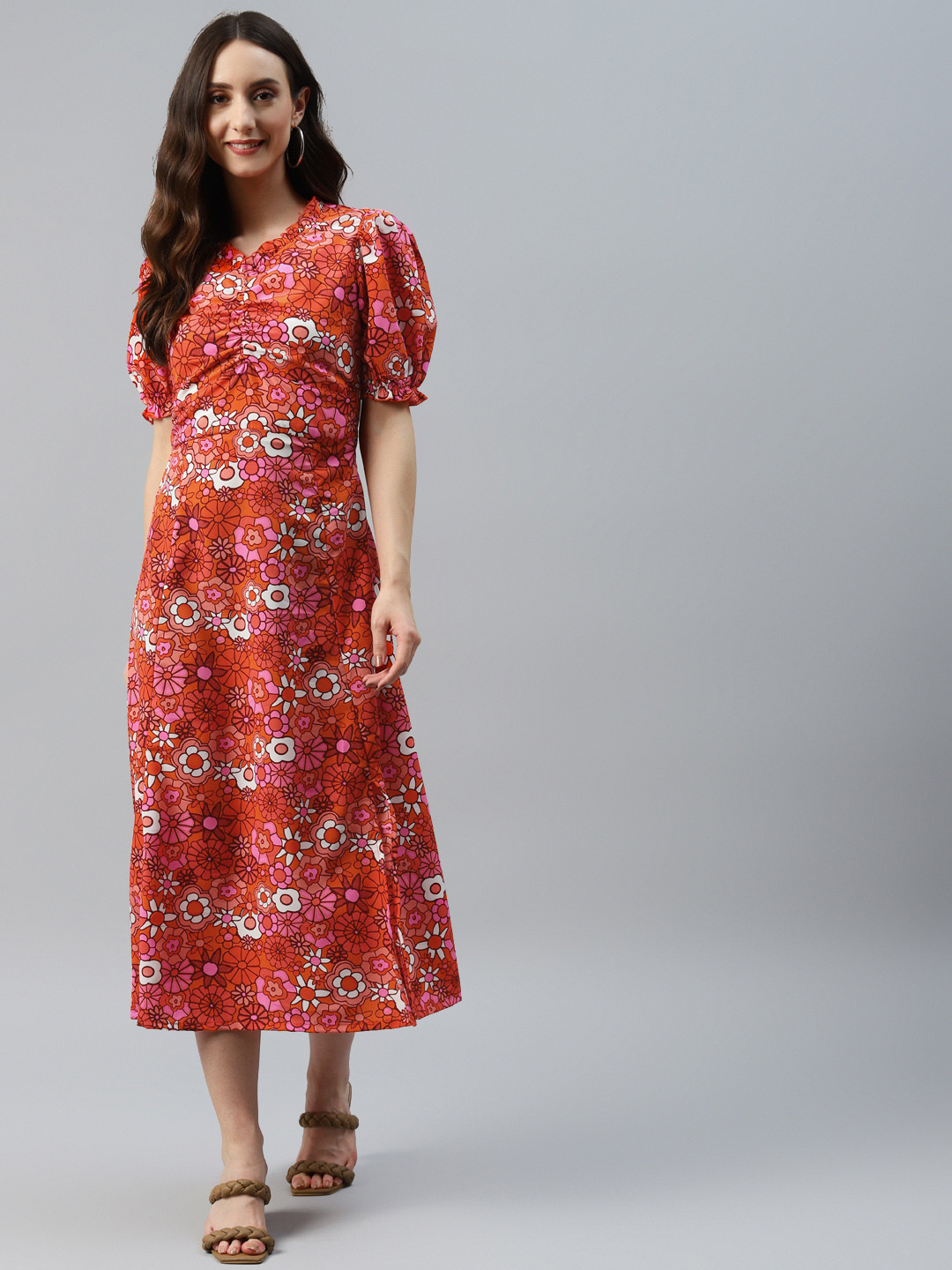 plusS Orange & Pink Floral A-Line Midi Dress