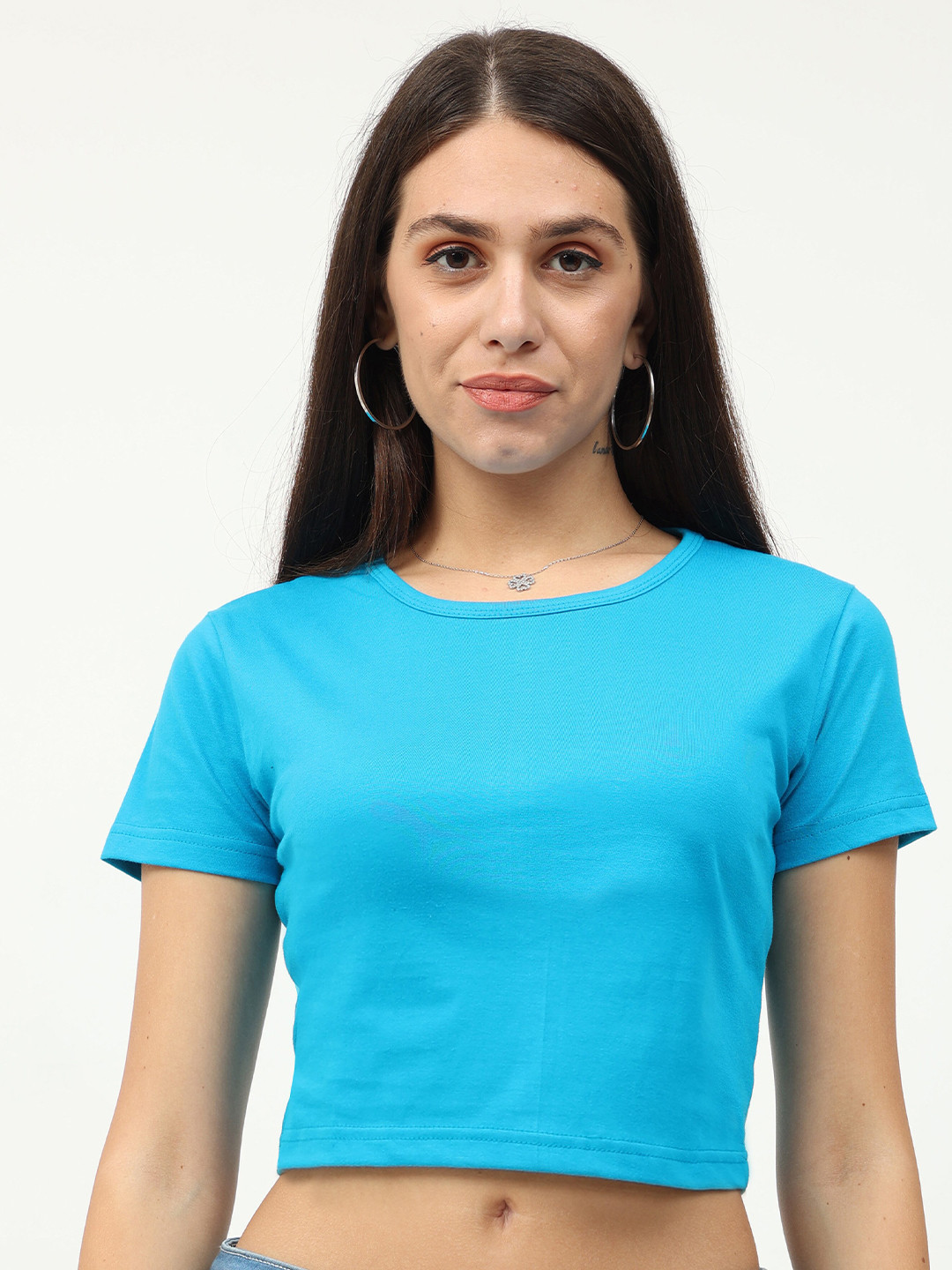 Fleximaa Blue Round Neck Crop Top