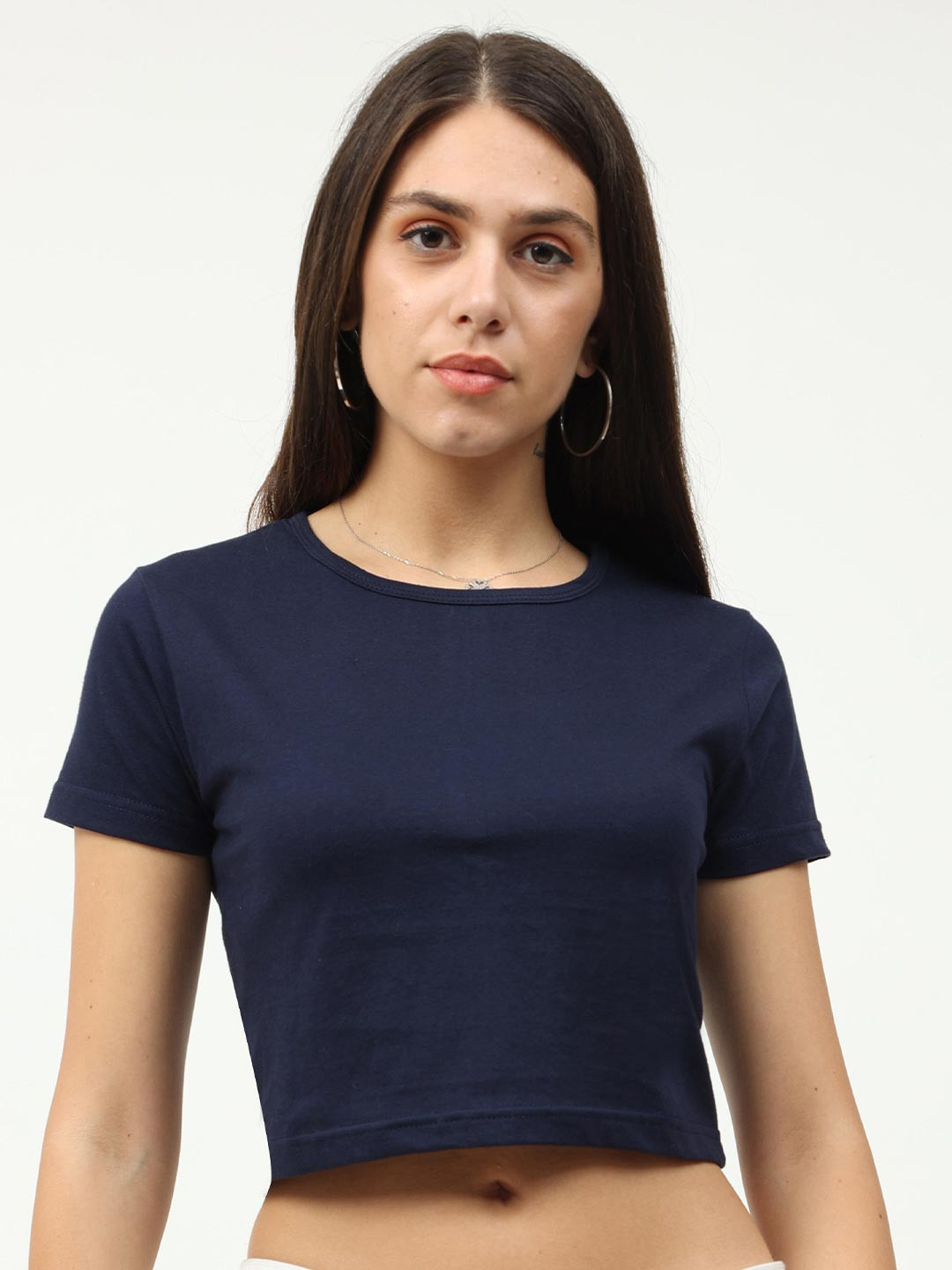 Fleximaa Navy Blue Solid Crop Top