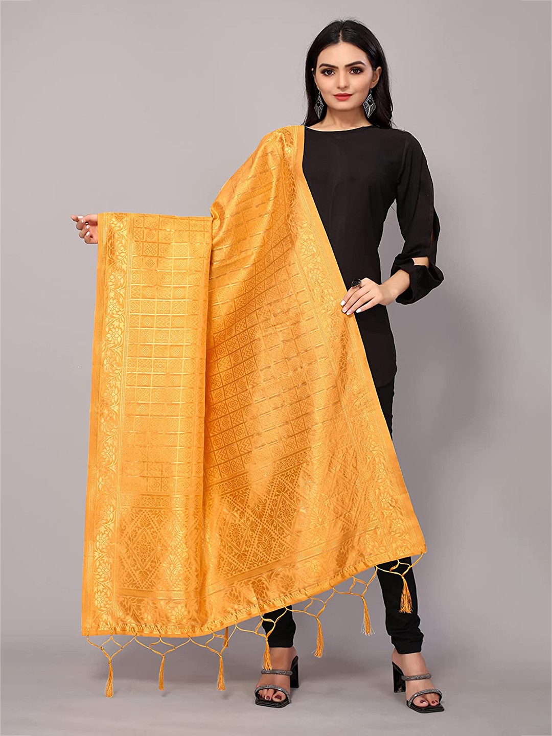 Kasak Yellow Woven Design Art Silk Bandhani Dupatta