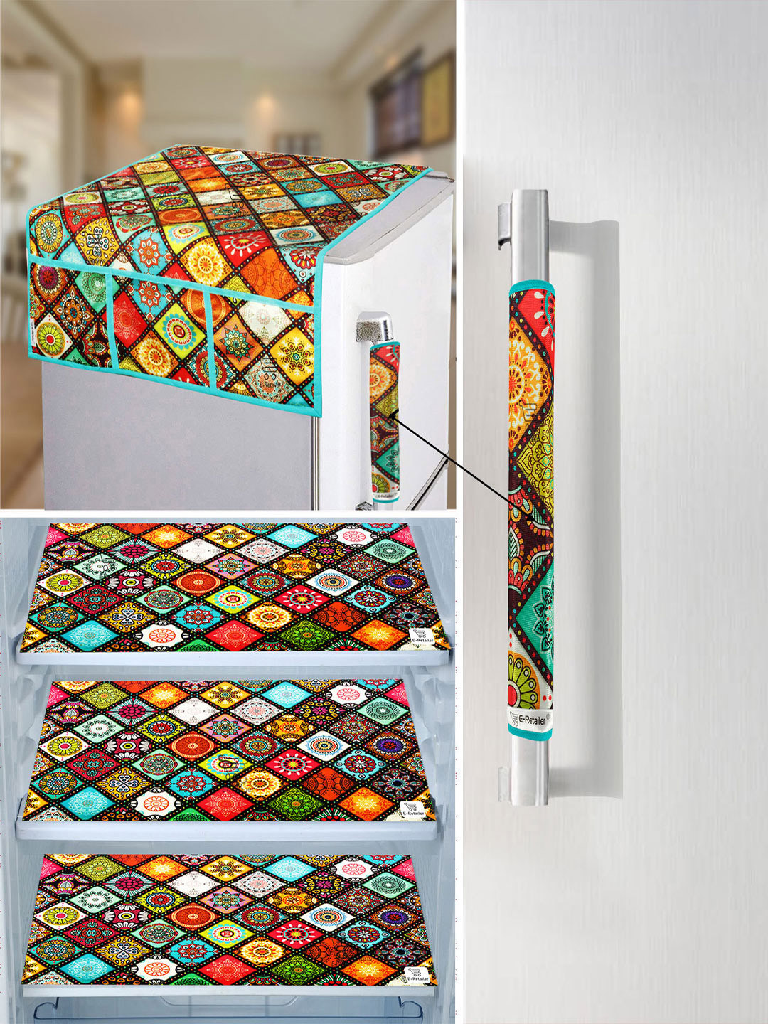 E-Retailer Set Of 5 Turquoise Blue & Red Printed Refrigerator Covers