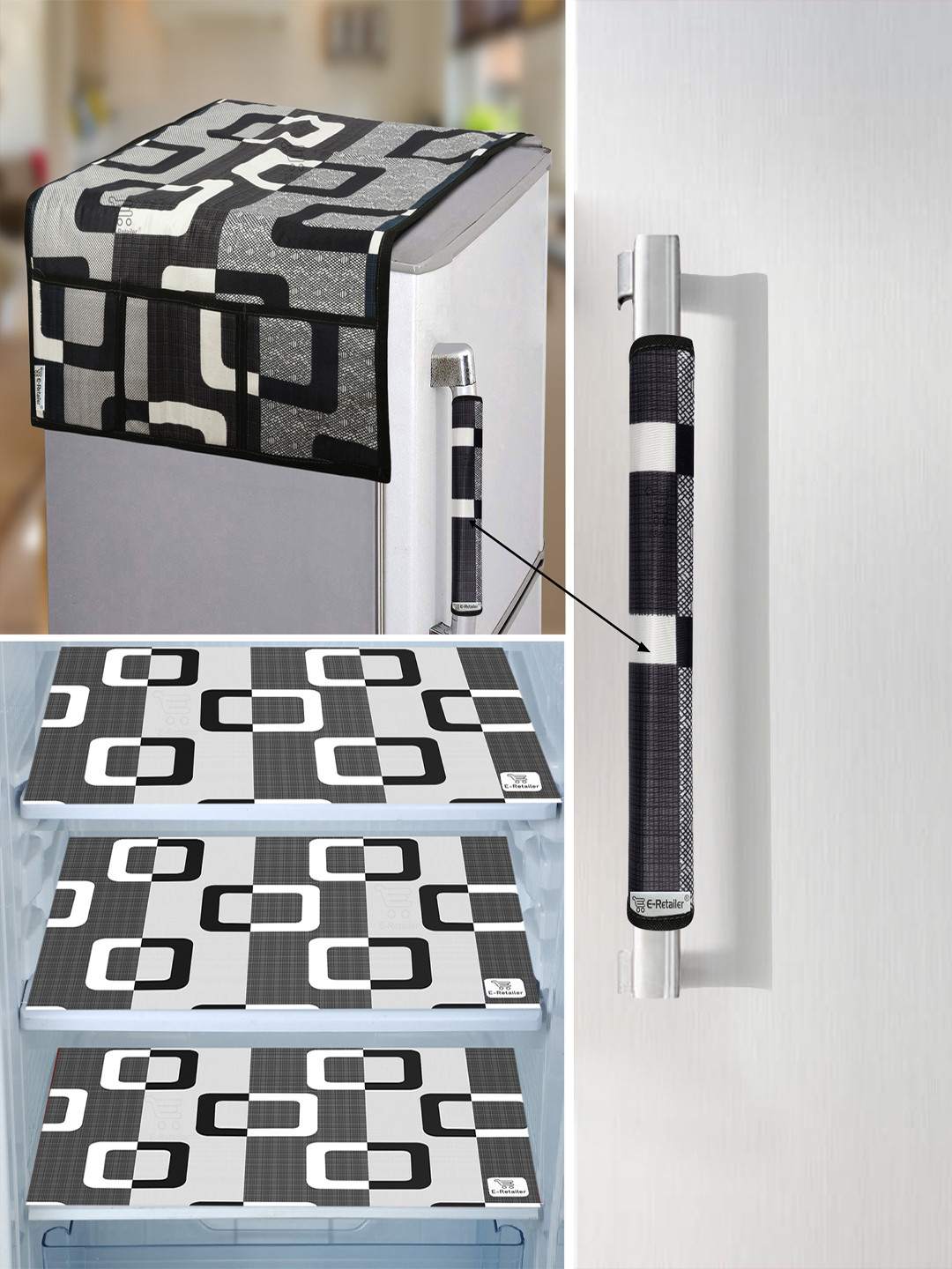E-Retailer Set Of 3 Black Printed Refrigerator Appliance covers