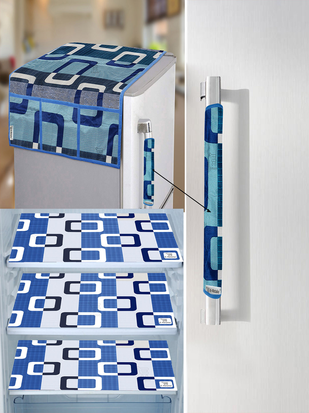 E-Retailer Set of 5 Blue & Grey Printed Refrigerator Cover Combo