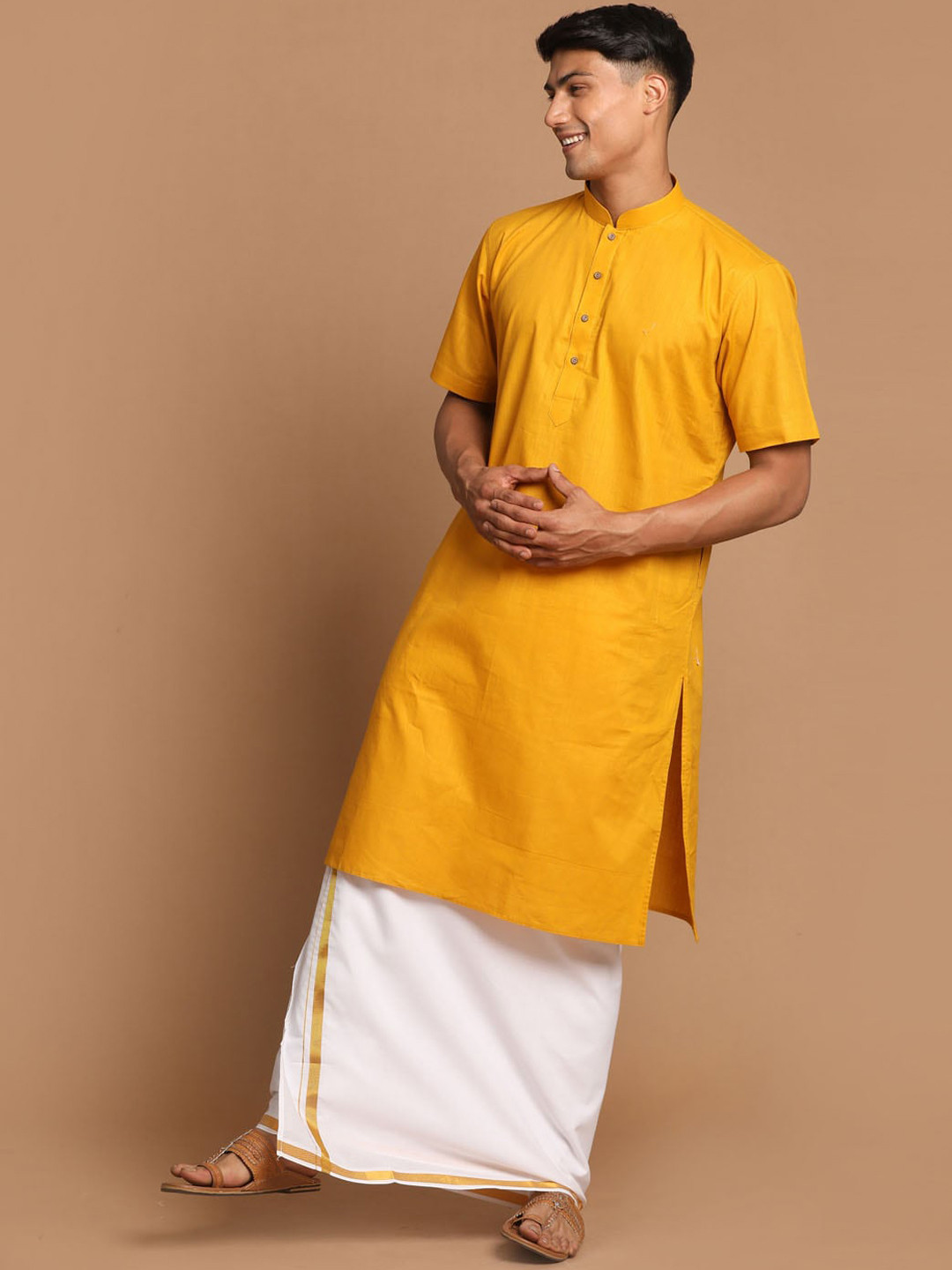 VASTRAMAY Men Mustard Yellow Kurta with Mundu Set