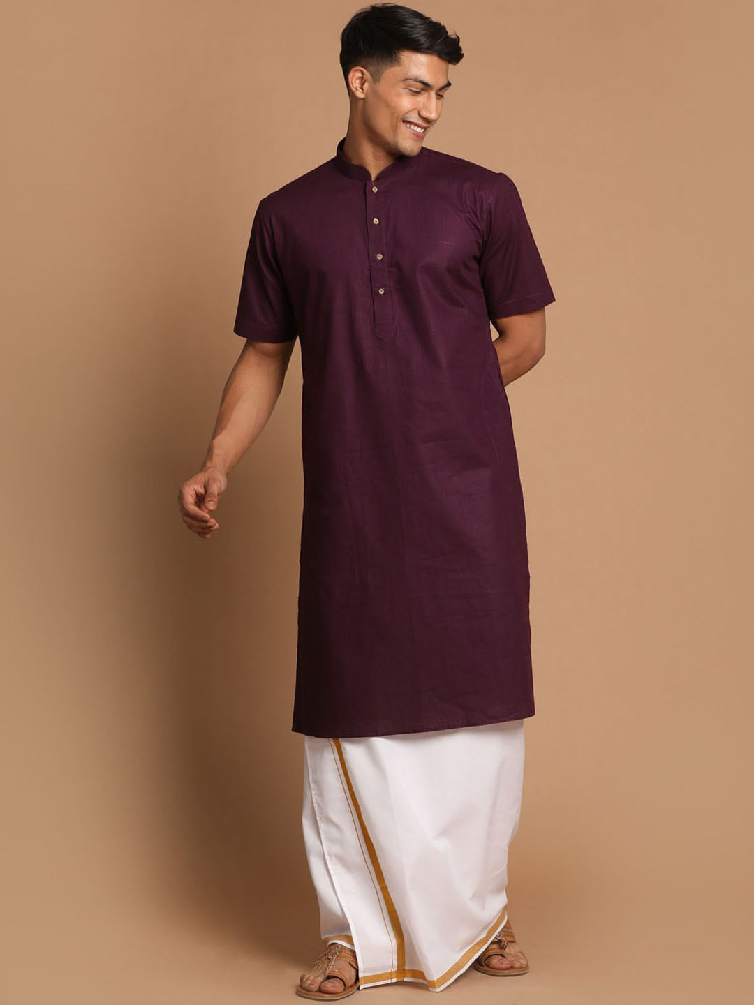 VASTRAMAY Men Purple Kurta with Mundu Set