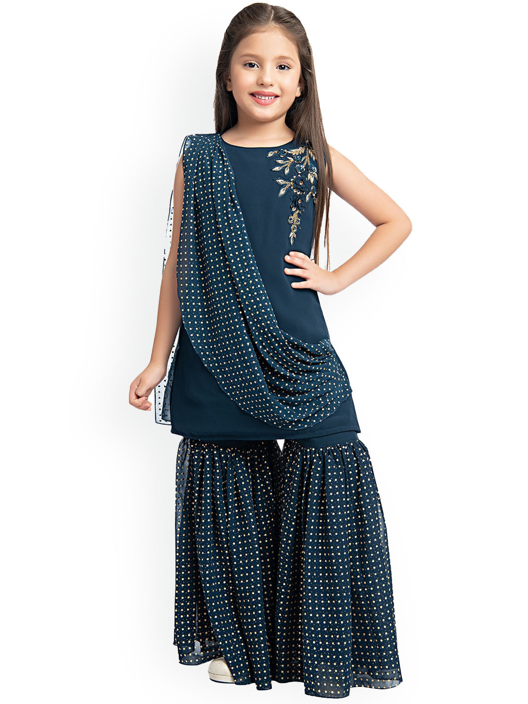 BETTY Girls Teal Blue Embellished Kurta & Shrara Set