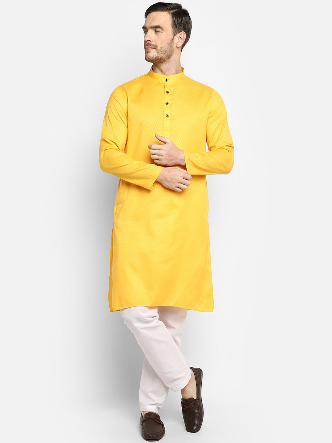 DEVOILER Men's Self Design Yellow Cotton Kurta
