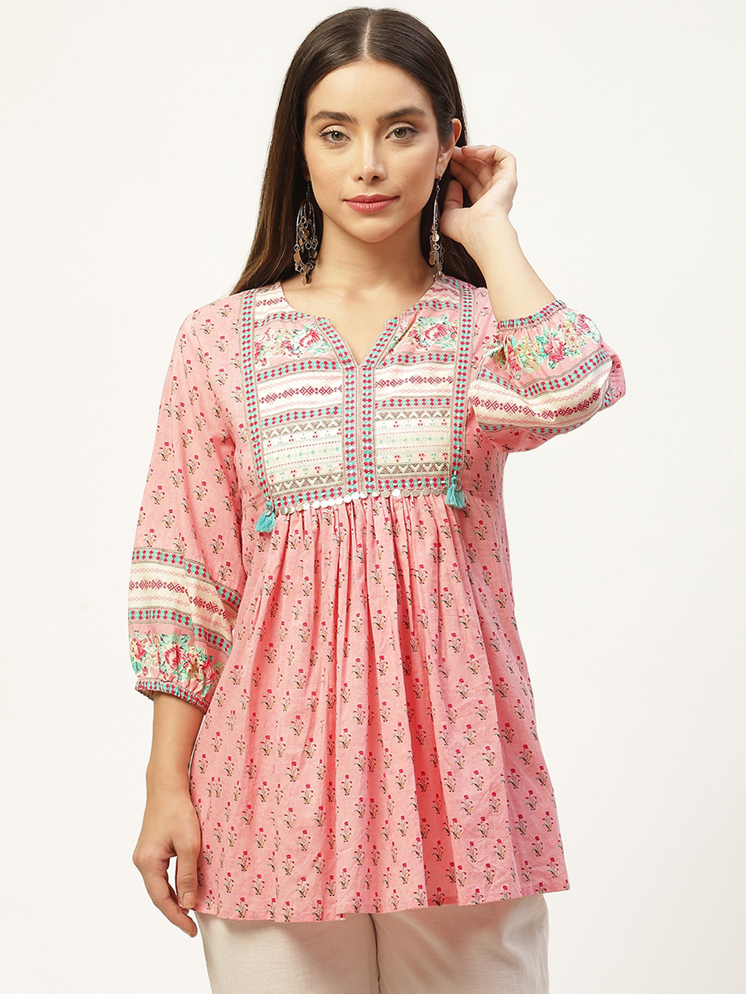 Jaipur Morni Pink Print Cotton Empire Top