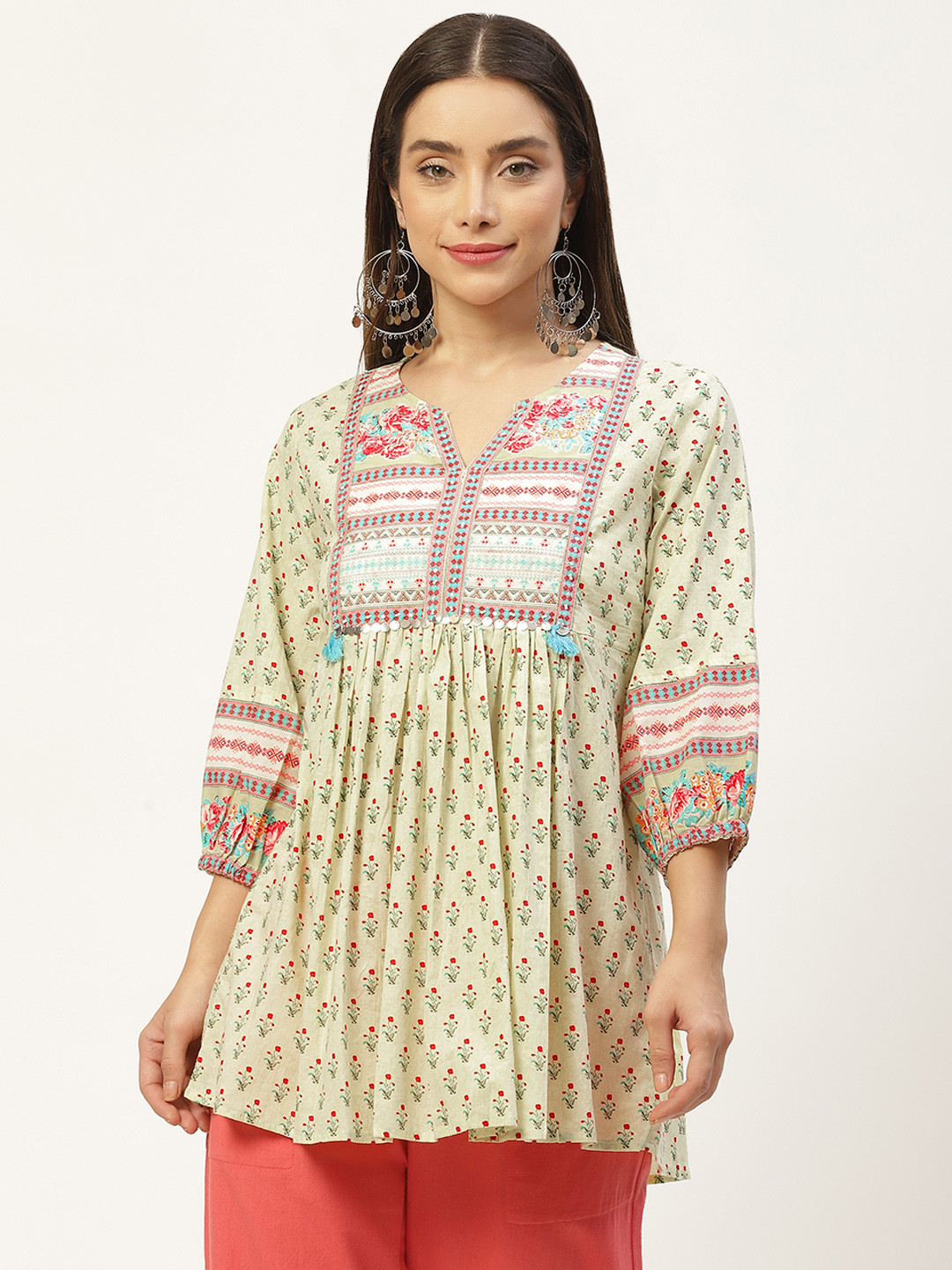 Jaipur Morni Green & Pink Print Cotton Empire Top