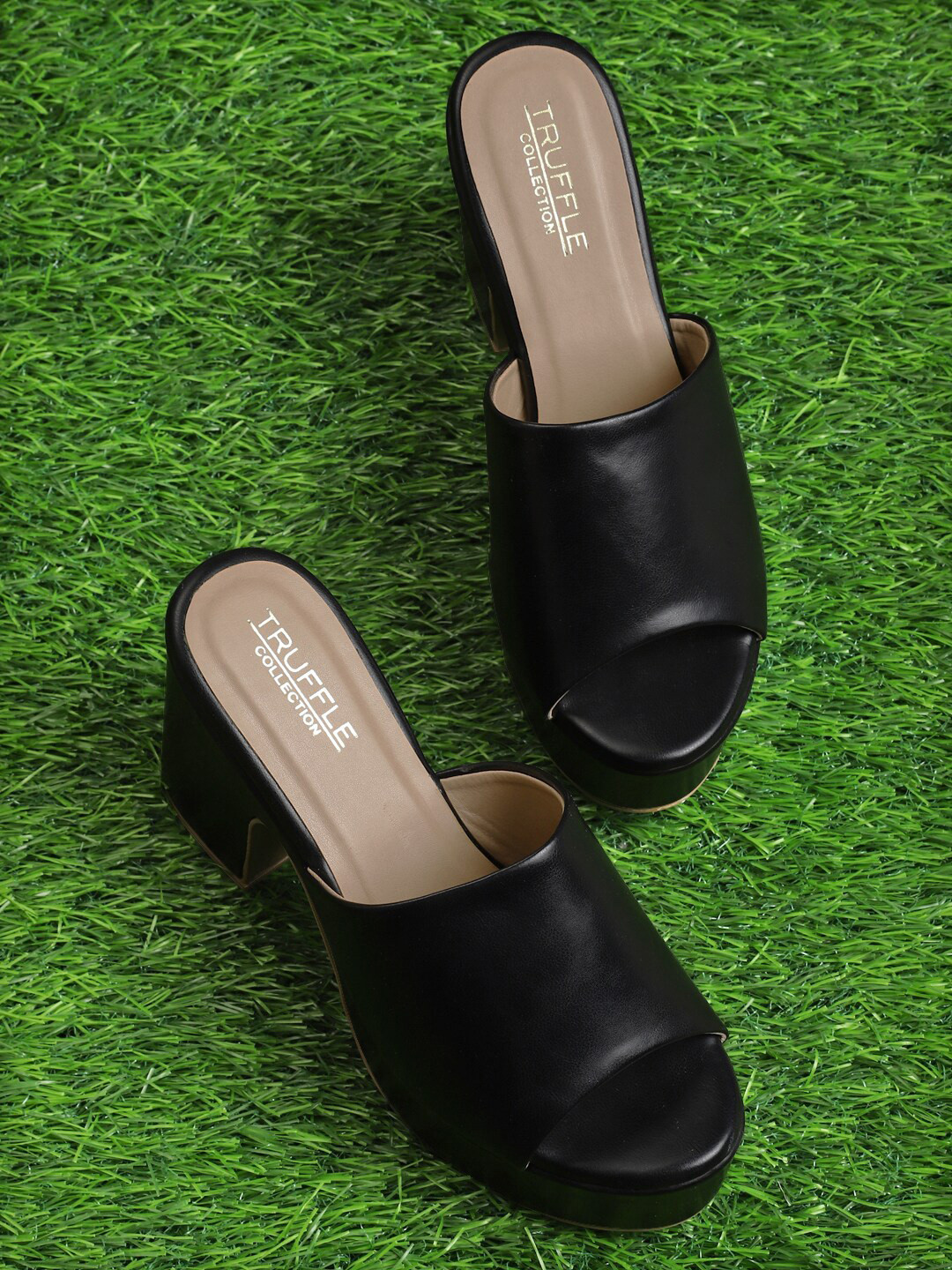Truffle Collection Black PU Block Sandals