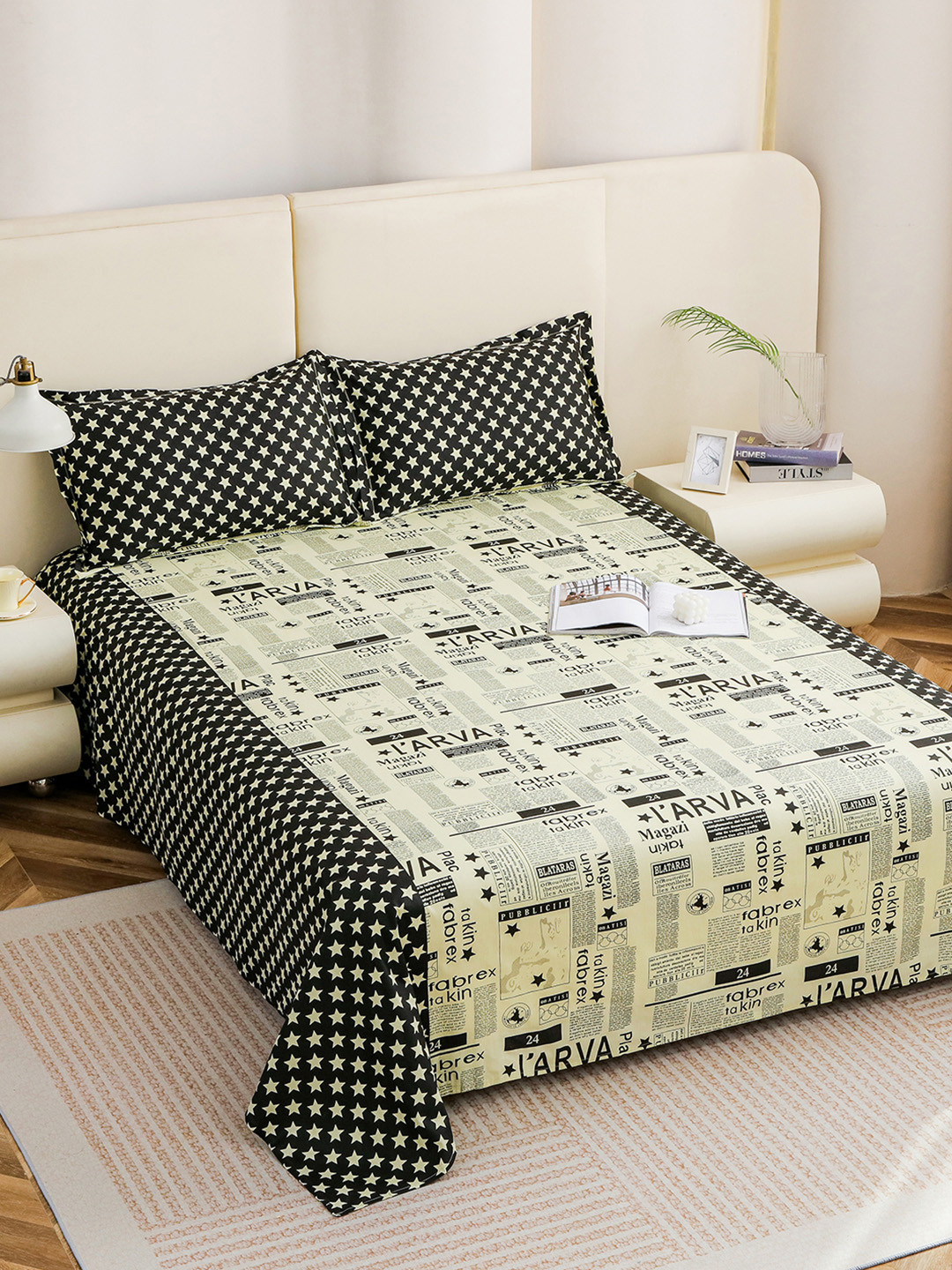 Story@home Aviator Cream Conversational Cotton 210 TC King Fine Bedsheet with 2 Pillow Covers-89 x 106 inches