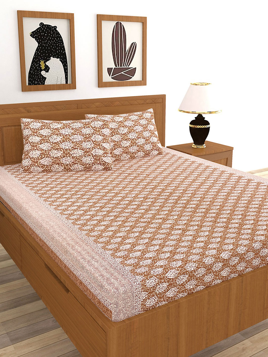 MORADO Casem_Dbs Brown Ethnic Motifs Cotton 210 TC Fitted Queen Fine Bedsheet with 2 Pillow Covers-100 x 90 inches