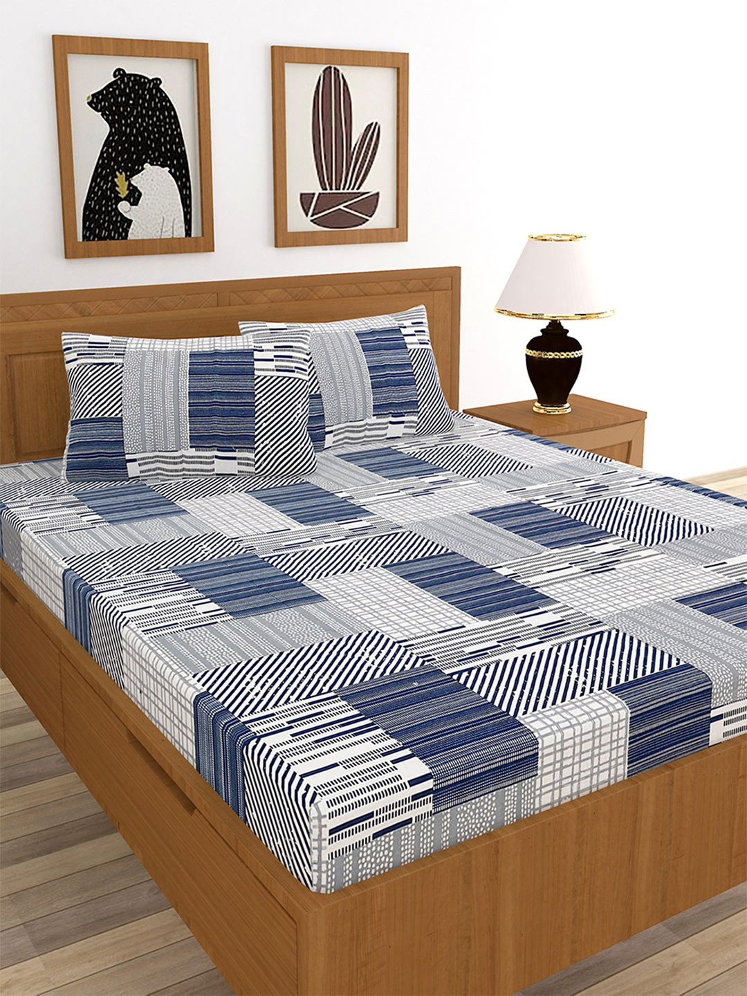 MORADO Casem Blue Checked Cotton 210 TC Queen Fine Bedsheet with 2 Pillow Covers-100 x 90 inches