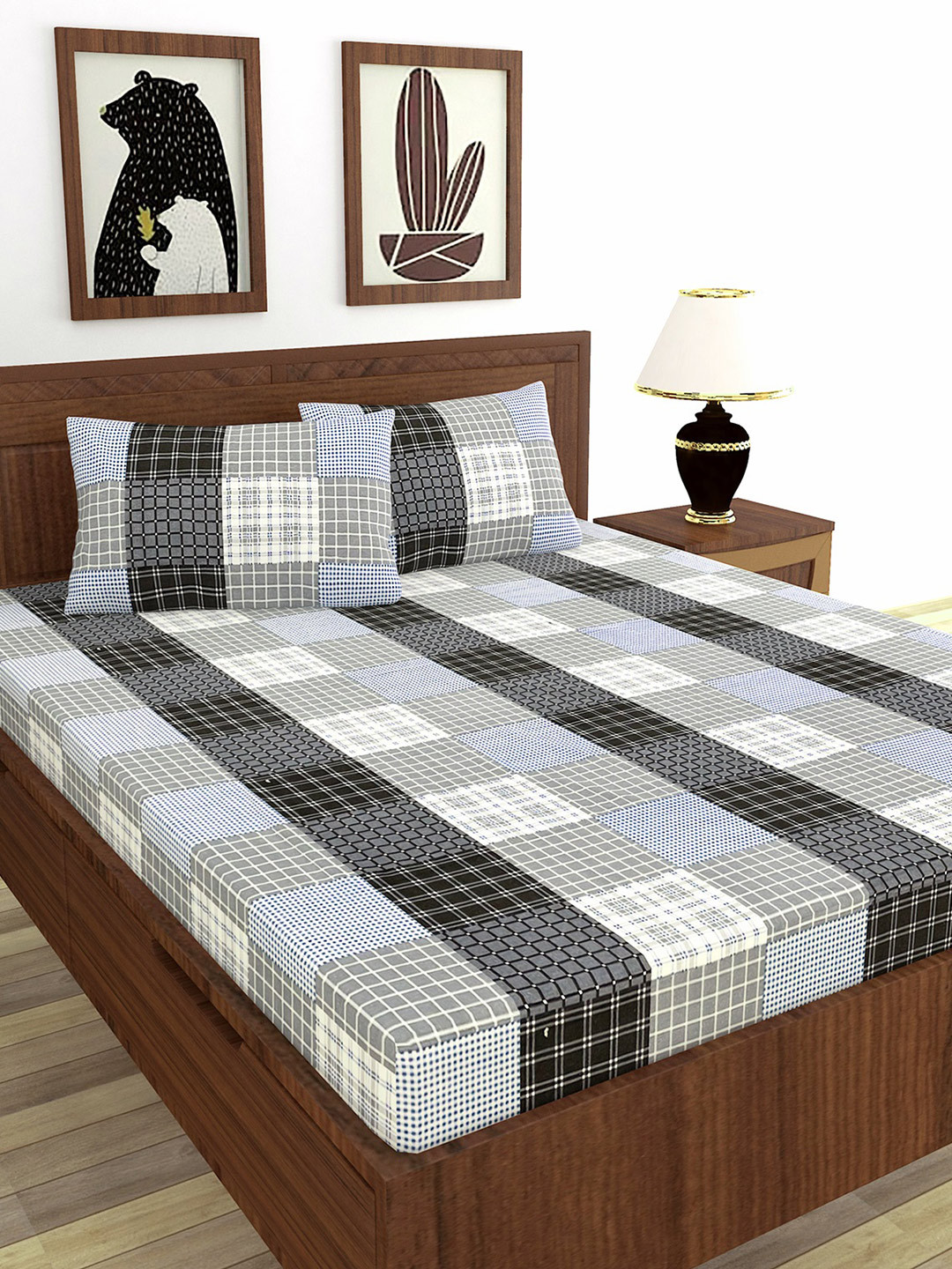 MORADO Casem Grey Geometric Cotton Skin-Friendly 210 TC Queen Fine Bedsheet with 2 Pillow Covers-254 x 227 cm