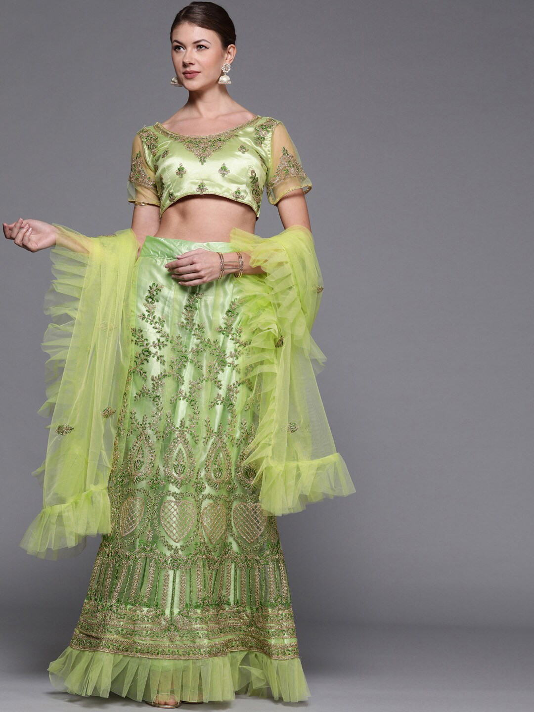 SHADOW & SAINING Green & Silver-Toned Embroidered Semi-Stitched Lehenga Unstitched Blouse With Dupatta