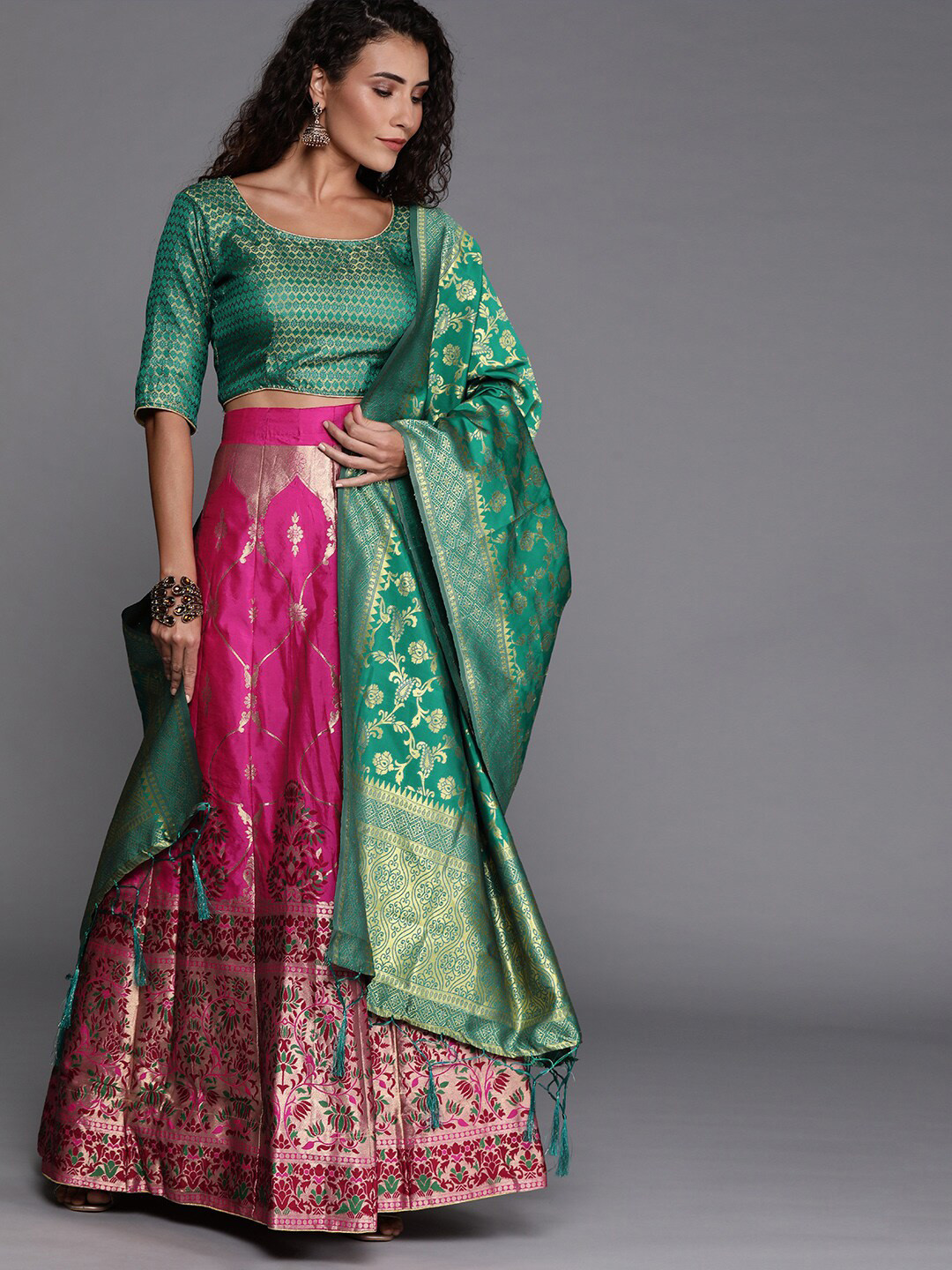 SHADOW & SAINING Pink & Green Semi-Stitched Lehenga Unstitched Blouse With Dupatta
