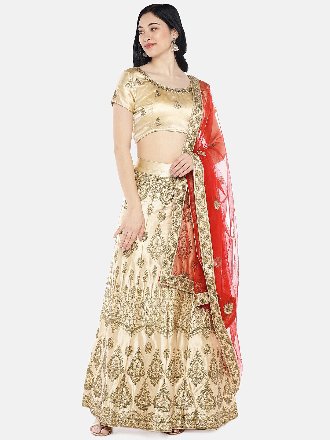 SHADOW & SAINING Gold-Toned & Red Embroidered Semi-Stitched Lehenga Unstitched Blouse With Dupatta