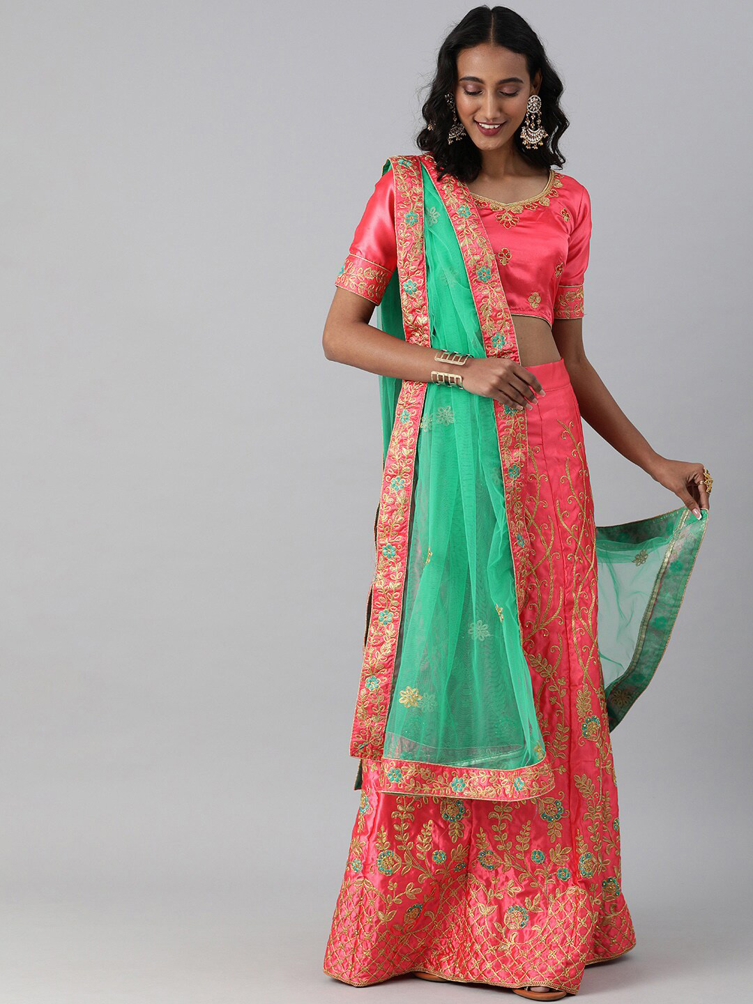 SHADOW & SAINING Pink & Gold-Toned Embroidered Semi-Stitched Lehenga Unstitched Blouse With Dupatta