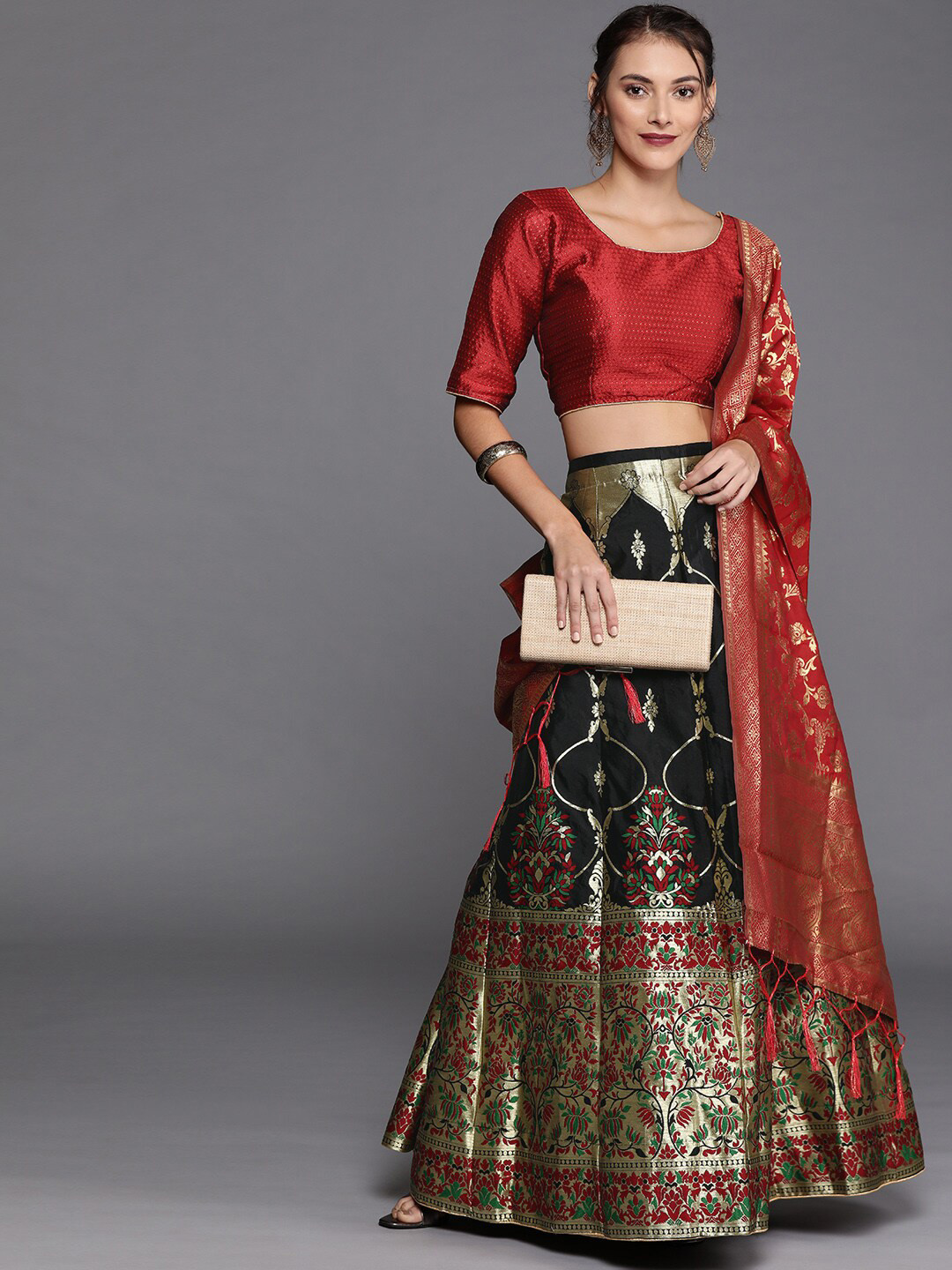 SHADOW & SAINING Black & Red Semi-Stitched Lehenga Unstitched Blouse With Dupatta