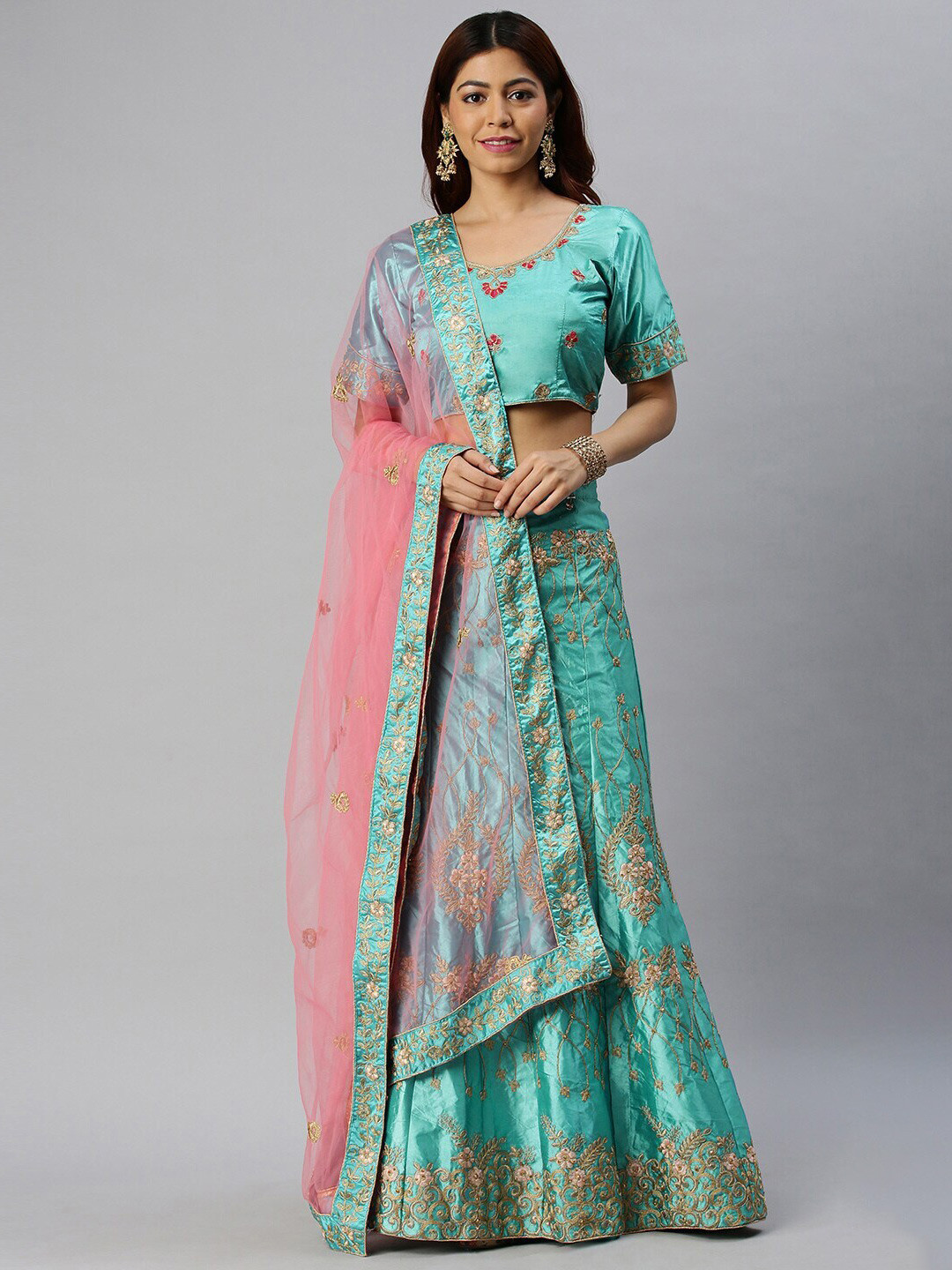 SHADOW & SAINING Blue & Peach-Coloured Embroidered Semi-Stitched Lehenga With Dupatta