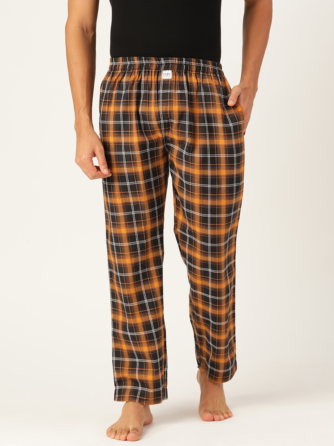 JAPs Men Men Black & Mustard Yellow Checked Premium Cotton Lounge Pants