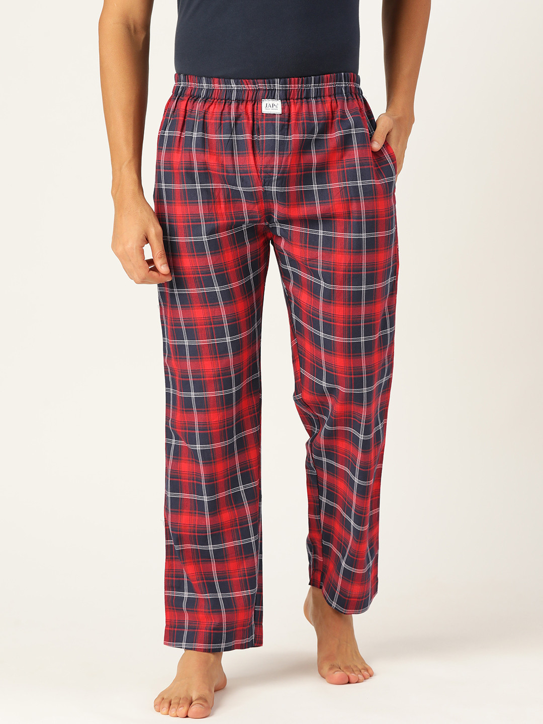 JAPS Men Red & Navy Blue Checked Cotton Lounge Pants