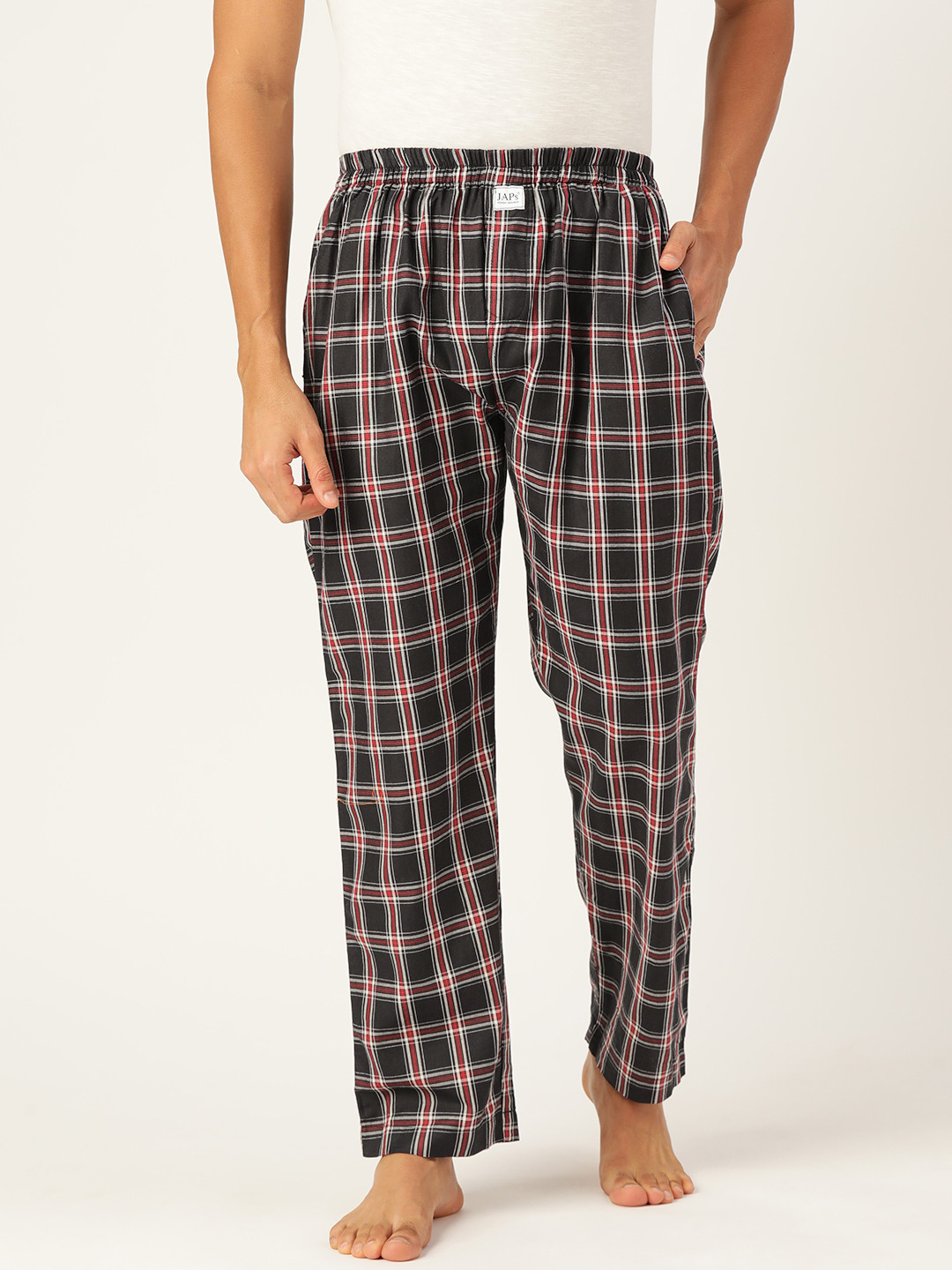 JAPS Men Black & Red Checked Cotton Lounge Pants