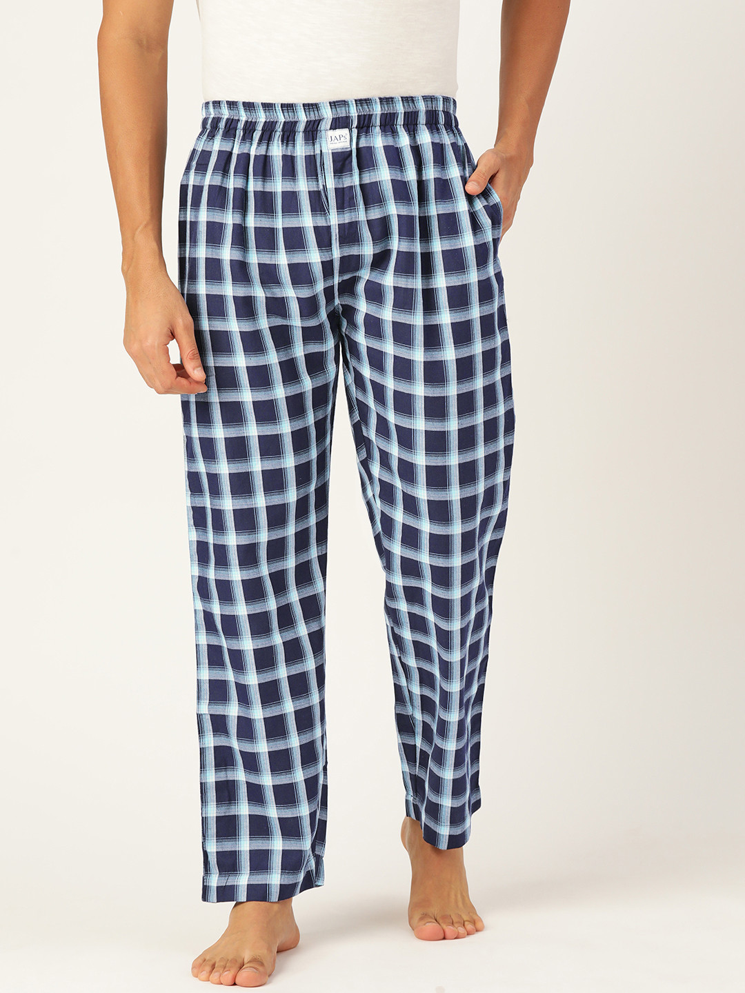 JAPS Men Black & Navy Blue Checked Premium Cotton Lounge Pants