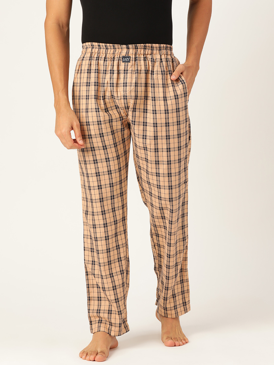 JAPS Men Beige & Black Checked Cotton Lounge Pants
