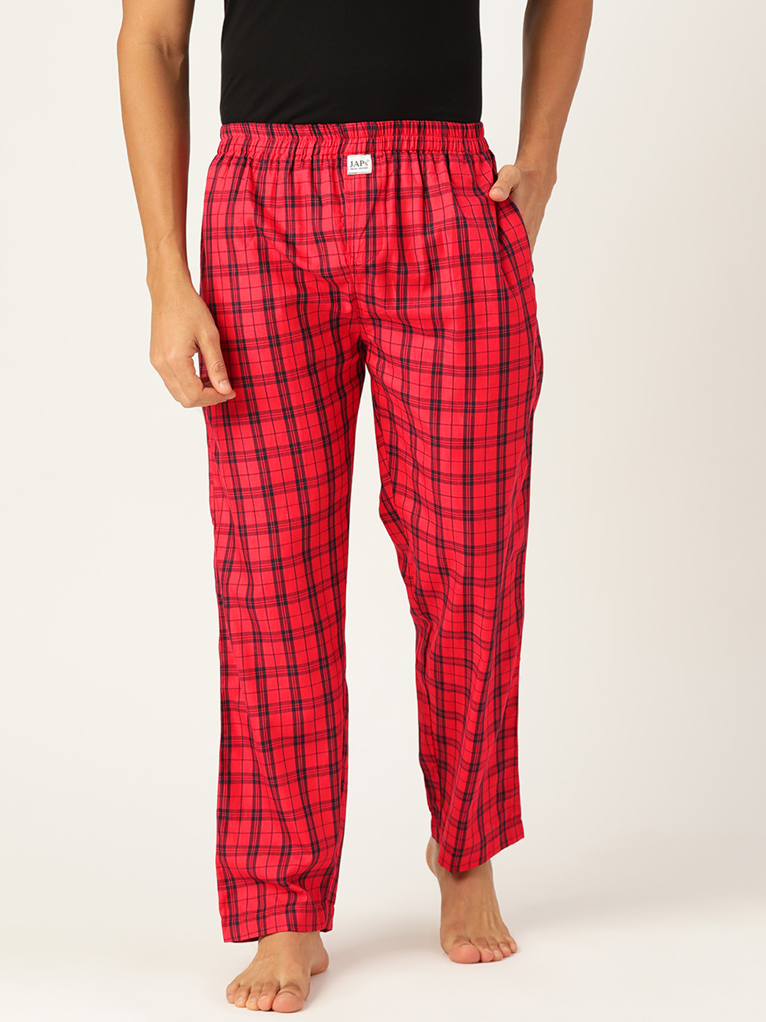 JAPS Men Red & Navy Blue Checked Cotton Lounge Pants