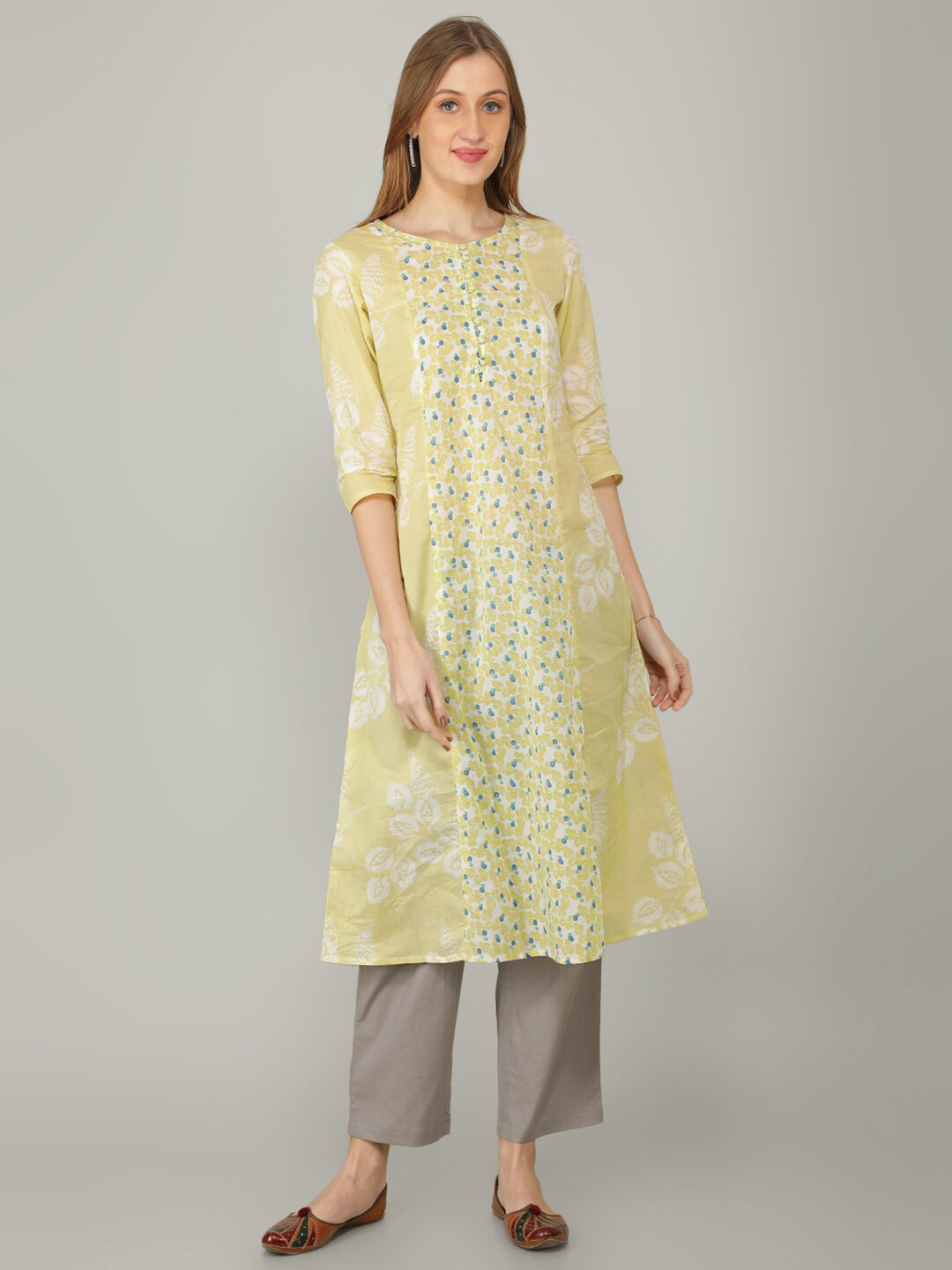 NAVIYATA Cream-Coloured Floral A-Line Midi Dress