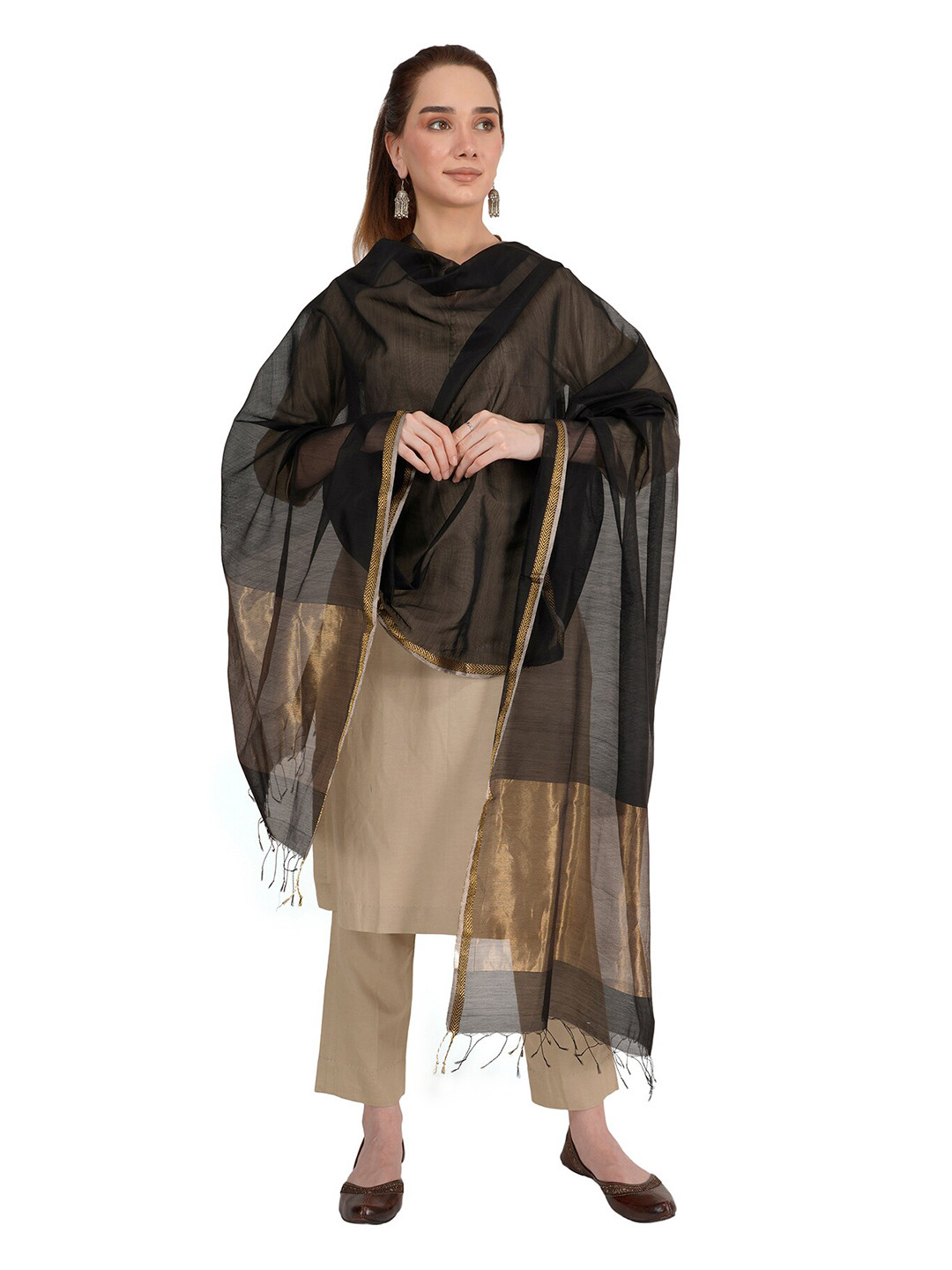 Rhe-Ana women's Brown & Gold-Toned Striped Dupatta