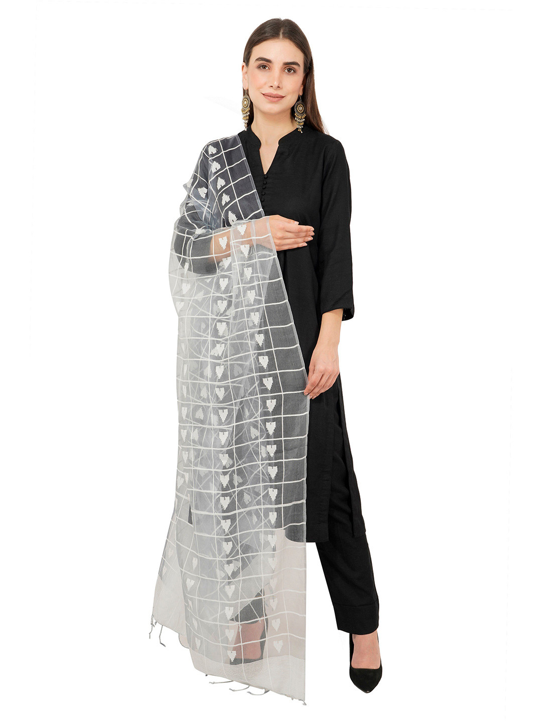 Rhe-Ana Women Ombre Gray Ethnic Motifs Checked Art Silk Dupatta