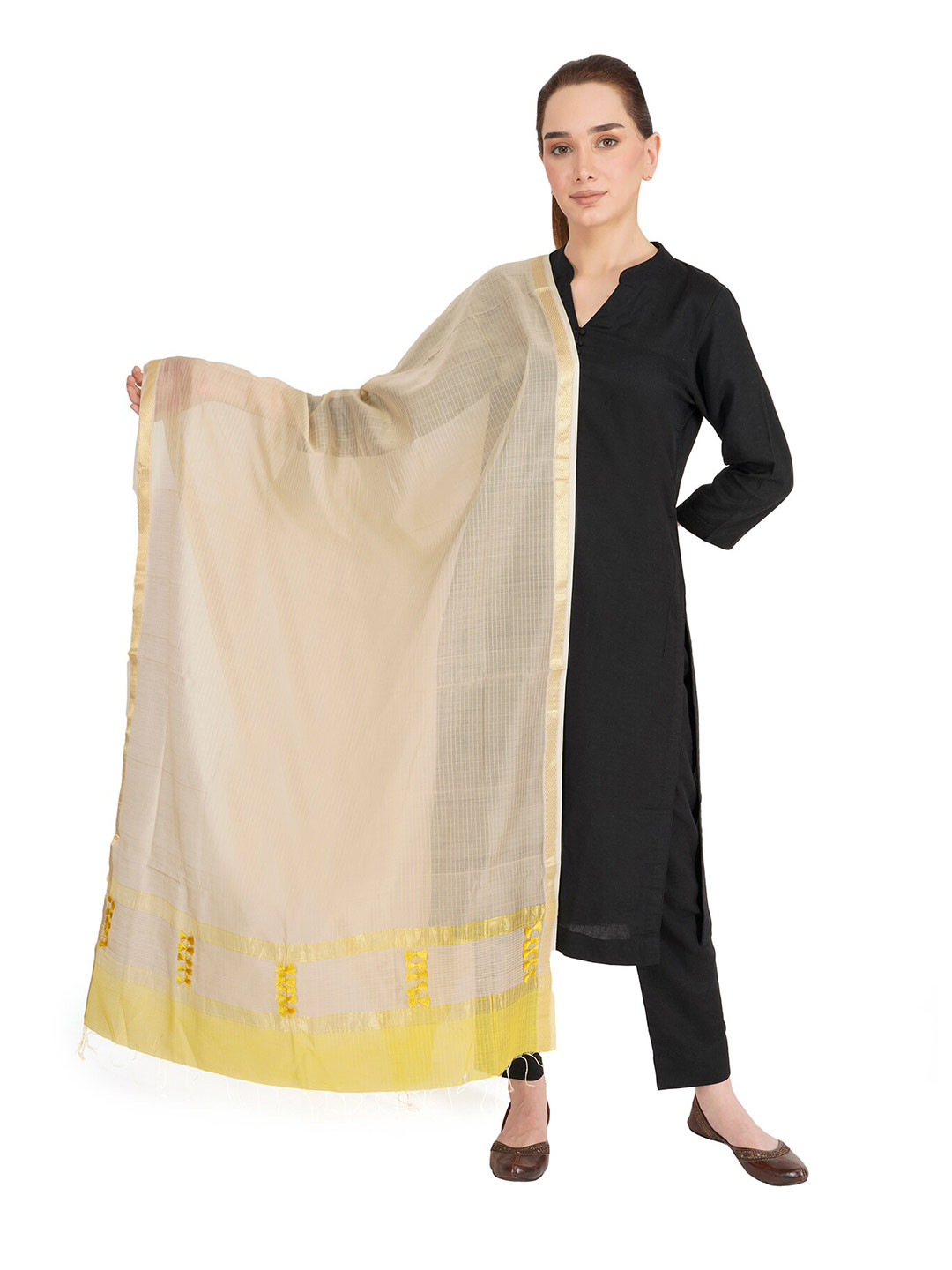 Rhe-Ana Women Beige & Yellow Striped Dupatta