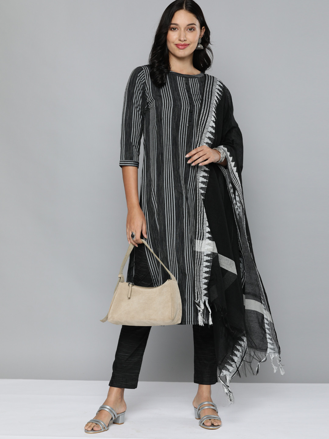 Kvsfab Women Black & White Unstitched Dress Material