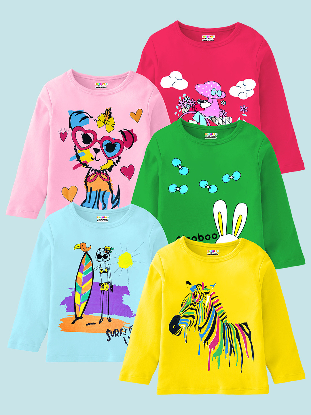 KUCHIPOO Girls Yellow ,Blue, Red ,Pink& Green 5 Printed  T-shirt