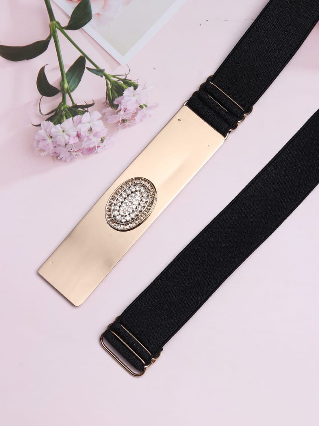 WINSOME DEAL Women Black Embellished Metal Dress Belt