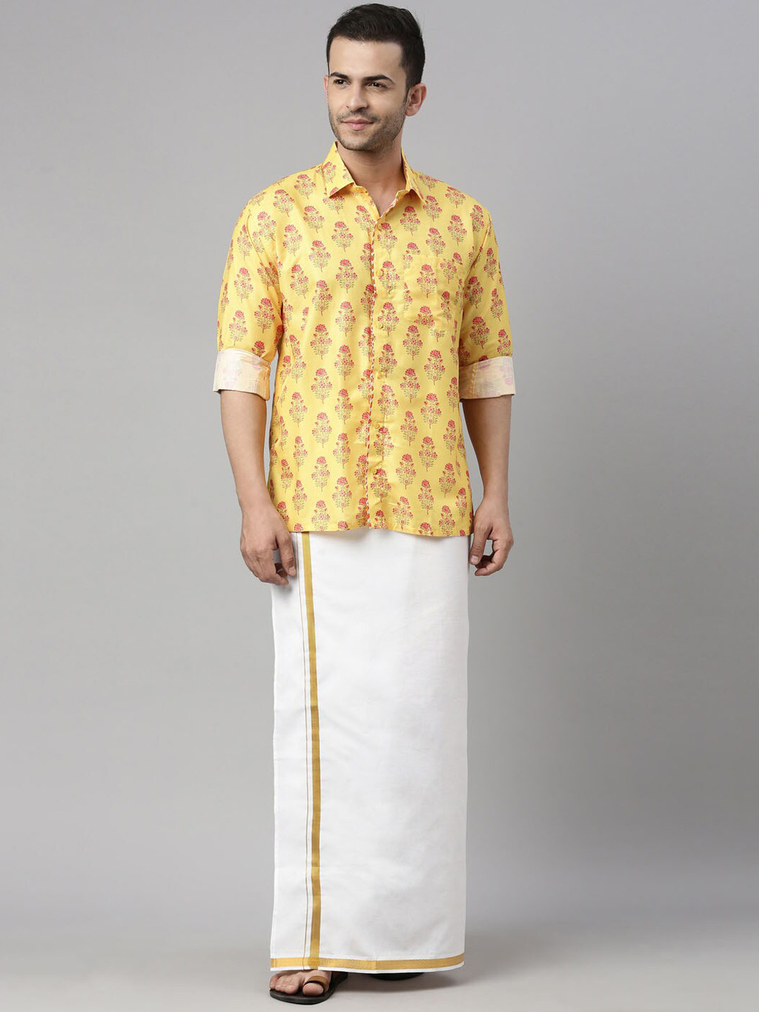 VASTRAMAY Men Mustard & White Printed Shirt with Mundu