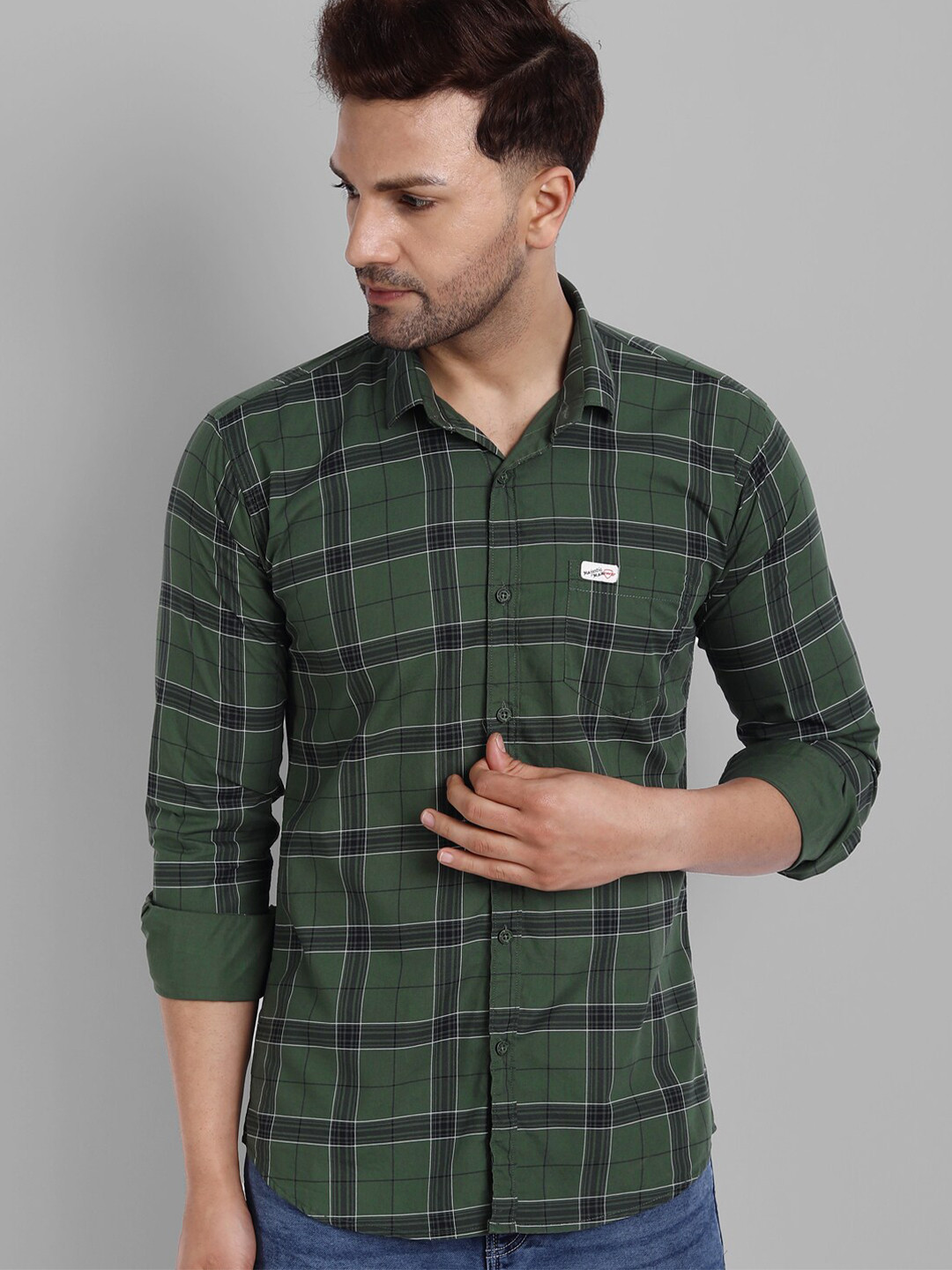 Majestic Man Men Green Slim Fit Tartan Checks Checked Cotton Casual Shirt