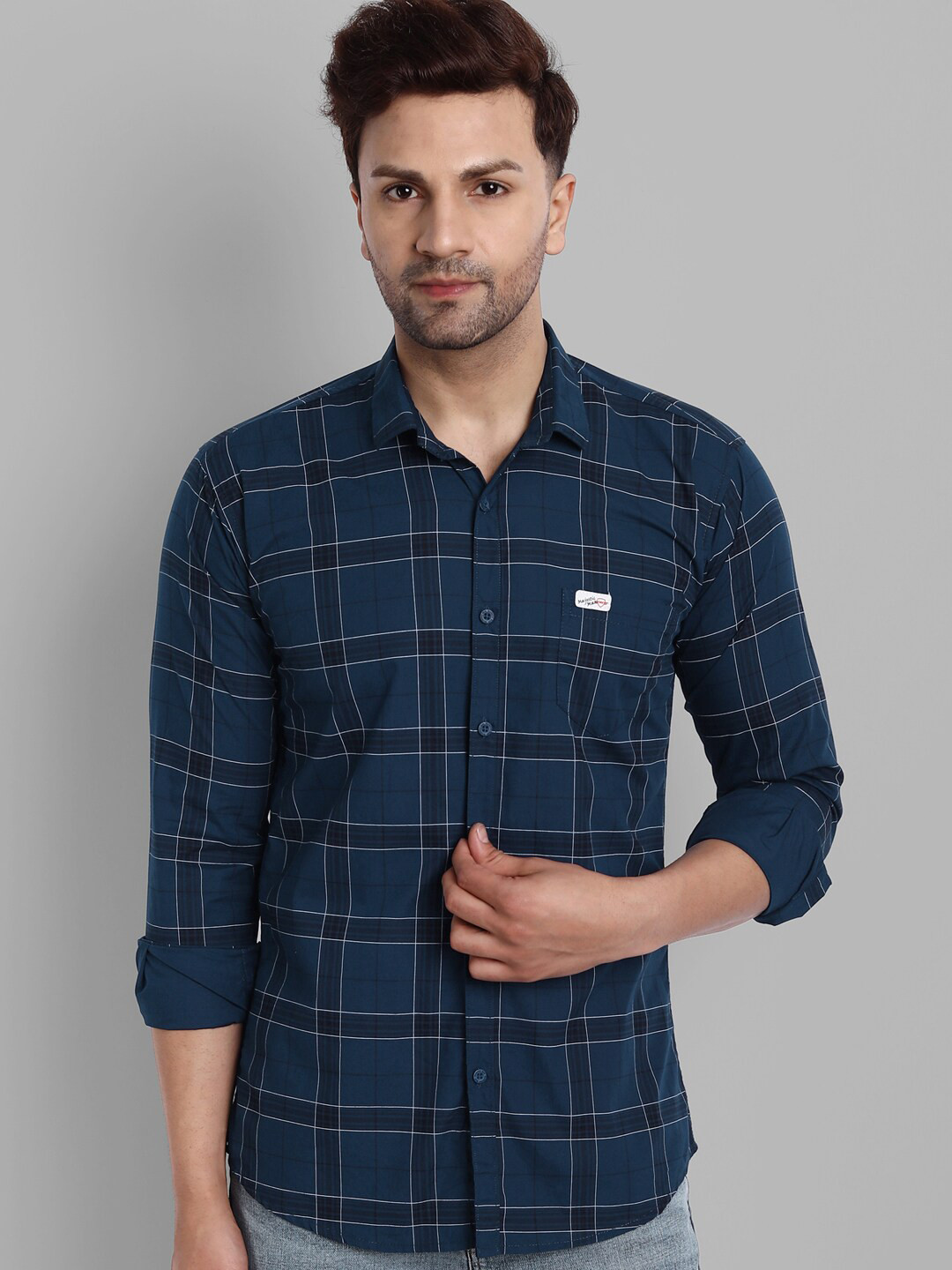 Majestic Man Men Navy Blue Slim Fit Windowpane Checks Checked Pure Cotton Casual Shirt